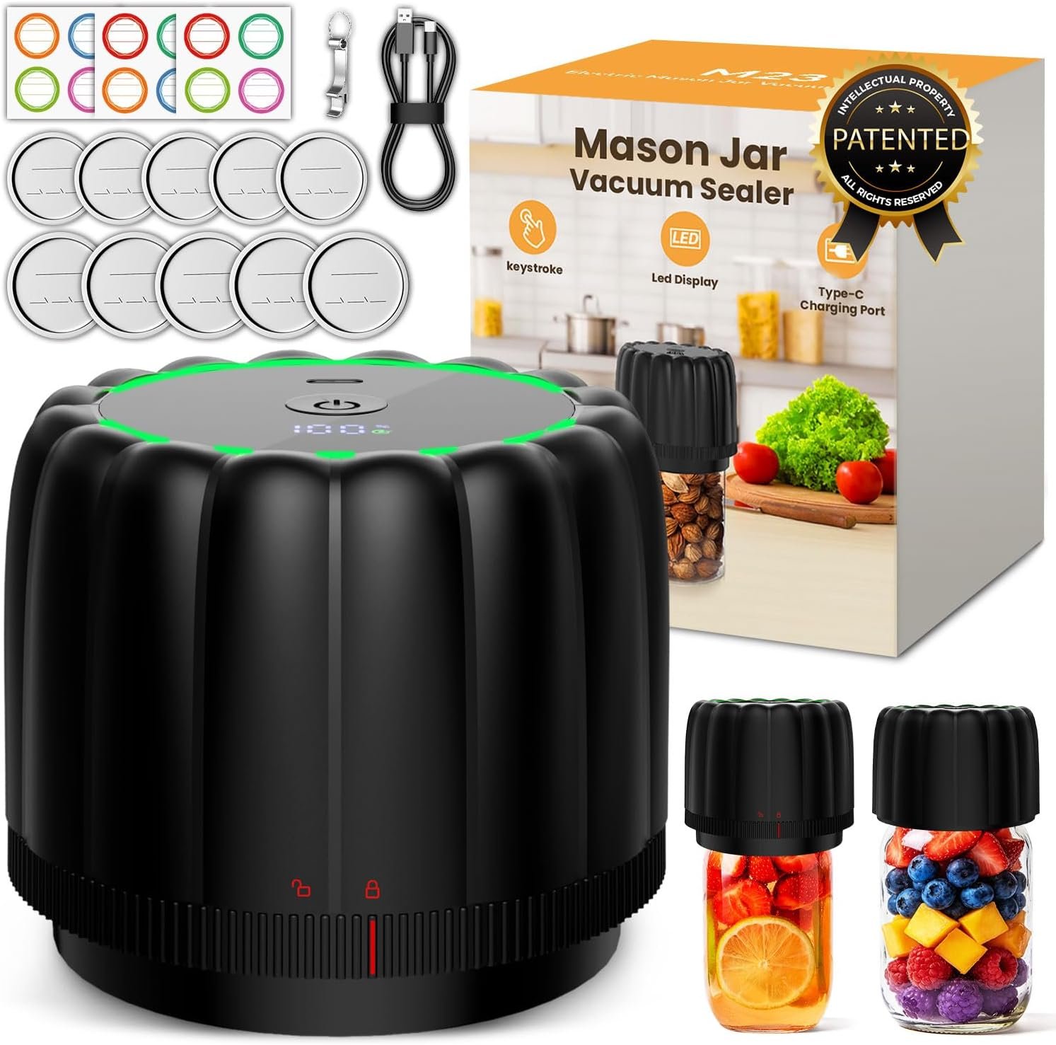 Electric Mason Jar Vacuum Sealer Kits with Wide & Regular Mouth Mason Lids | 2026 Upgraded -80kpa Automatic Vacuum Pump 2500mAh Battery One Touch Canning Sealing Machine for Food Storage Black