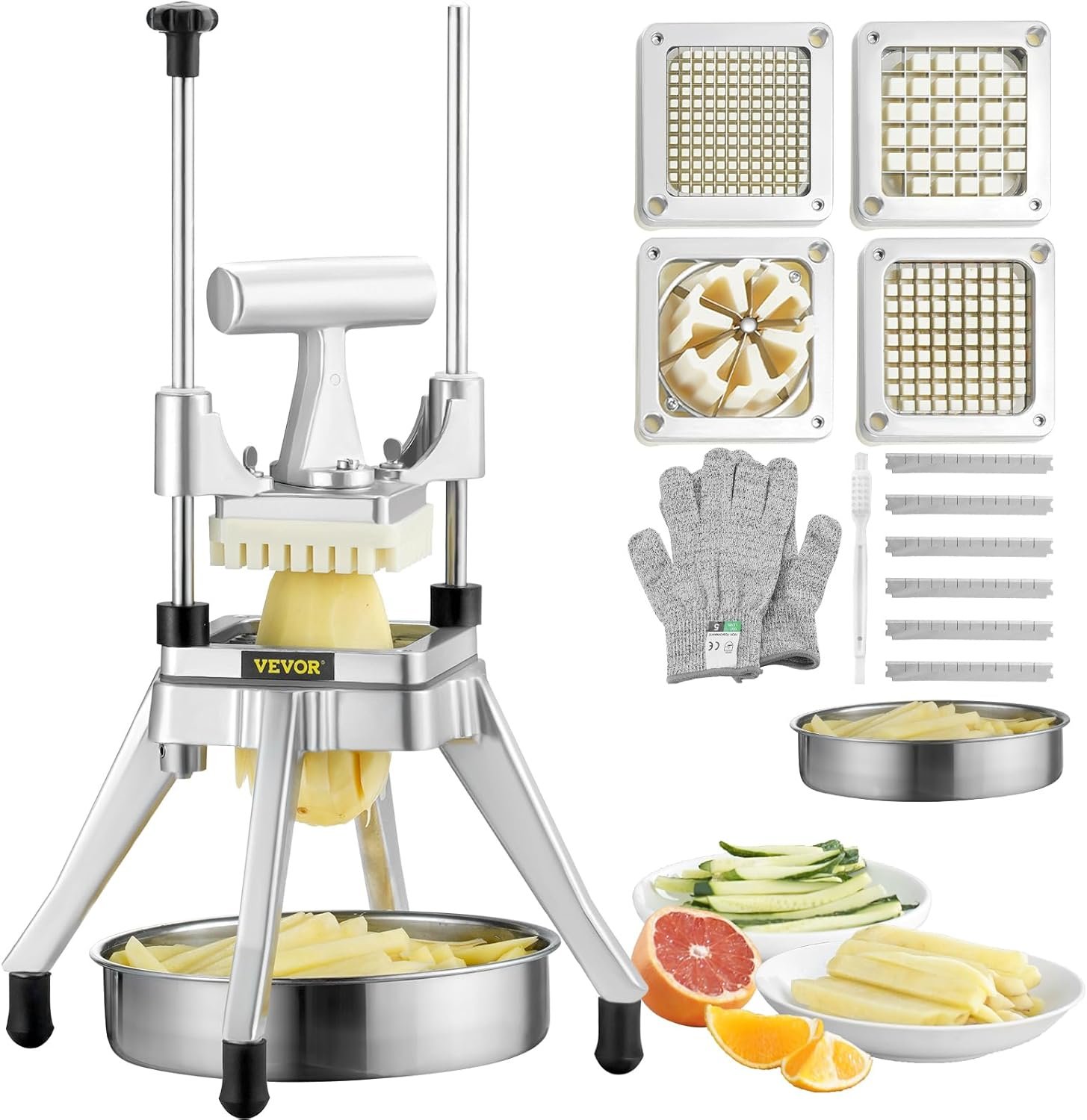 VEVOR Commercial Vegetable Fruit Chopper, Stainless Steel French Fry Cutter w/ 4 Blades 1/4″ 3/8″ 1/2″, Vegetable Chopper Dicer w/Stainless Bowl, Heavy Duty Cutter for Potato Tomato Onion Mushroom