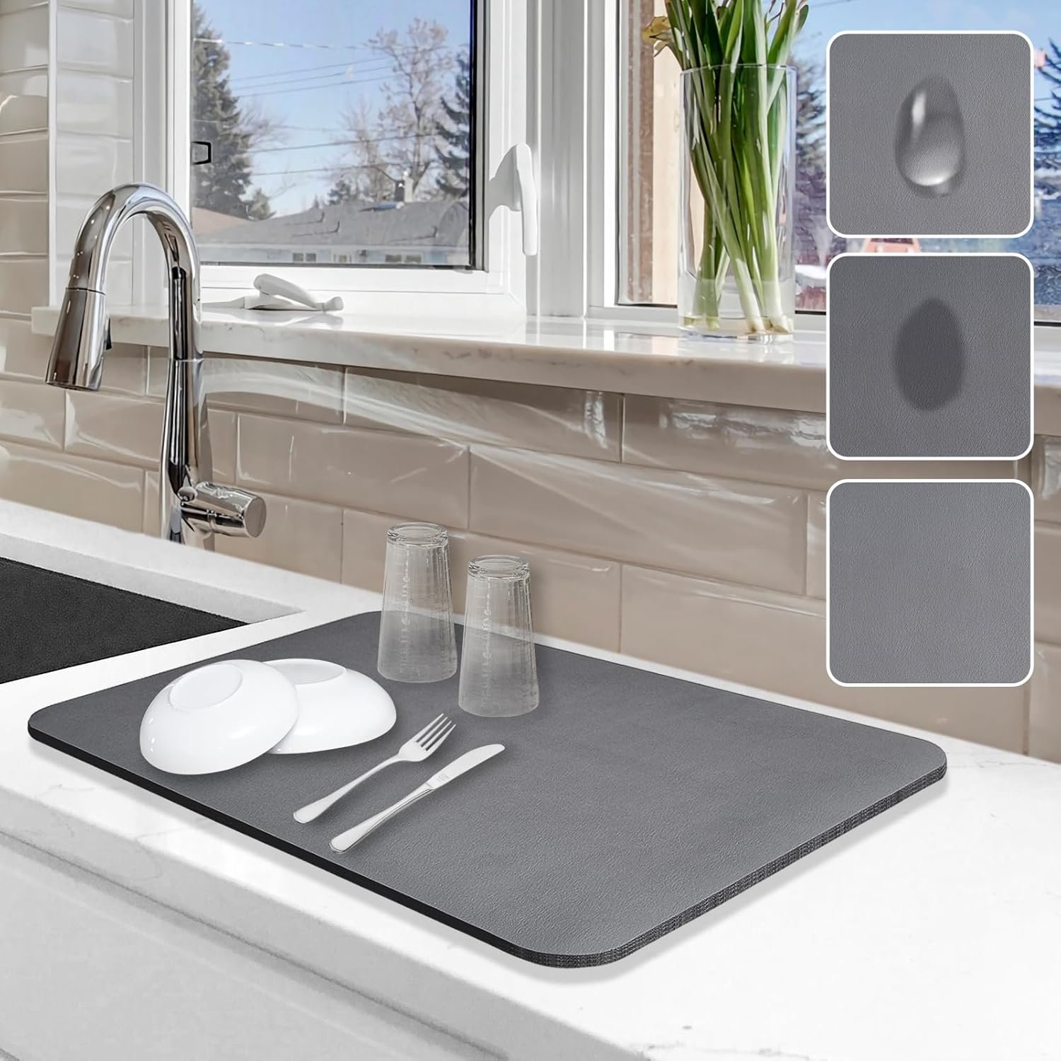 Dish Drying Mat for Kitchen Counter, 12″x19″ Pad with Rubber Backed (Grey) | Hide Stain Anti Absorbent for Kitchen Counter, Non-slip Drying Mat for Coffee Machine Dish Rack