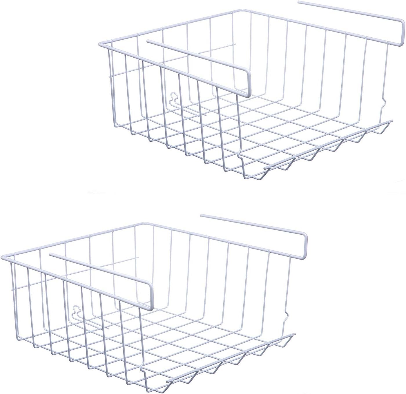 Under Shelf Storage Basket, 2-Pack, White | Hanging Metal Wire, For Kitchen, Office, Pantry, Bathroom, Cabinet, Organizer