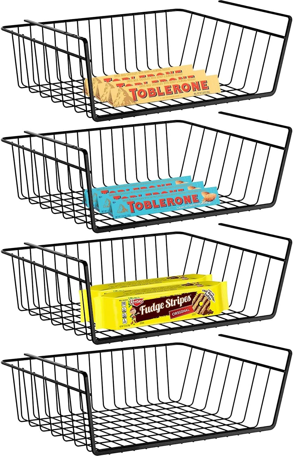 4 Pack Under Shelf Basket, Under Cabinet Organizer Shelf, Durable Metal Wire Rack Hanging Basket Storage Rack, Shelf Organizing for Kitchen/Pantry/Bathroom/Desk-Slide Arms Height:1.45in(Black)