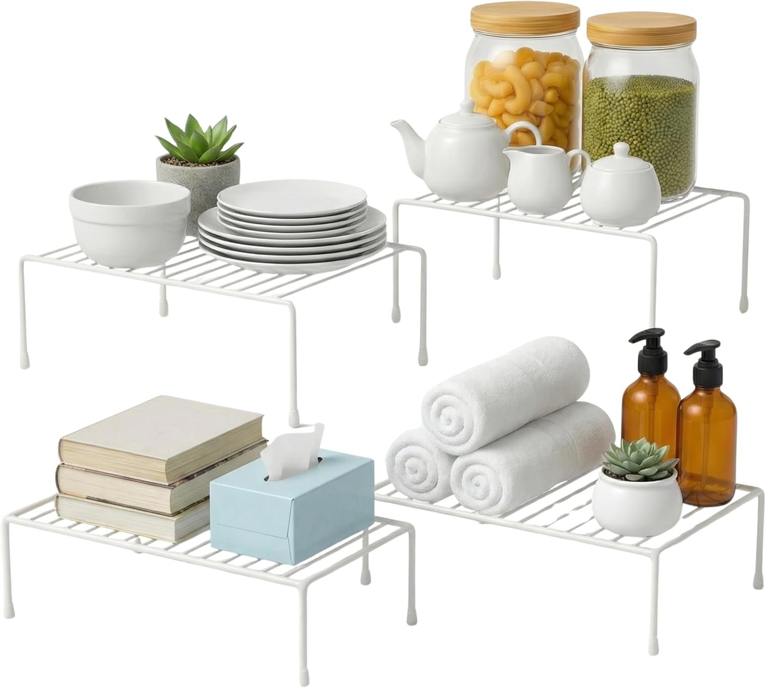Evelots Kitchen Cabinet Wire Shelf Organizer/Rack – 4 Pack Sturdy Large Metal Shelf Risers – Double Your Counter Space – Great for Kitchen, Freezer, Pantry and Bathroom – Rustproof – White