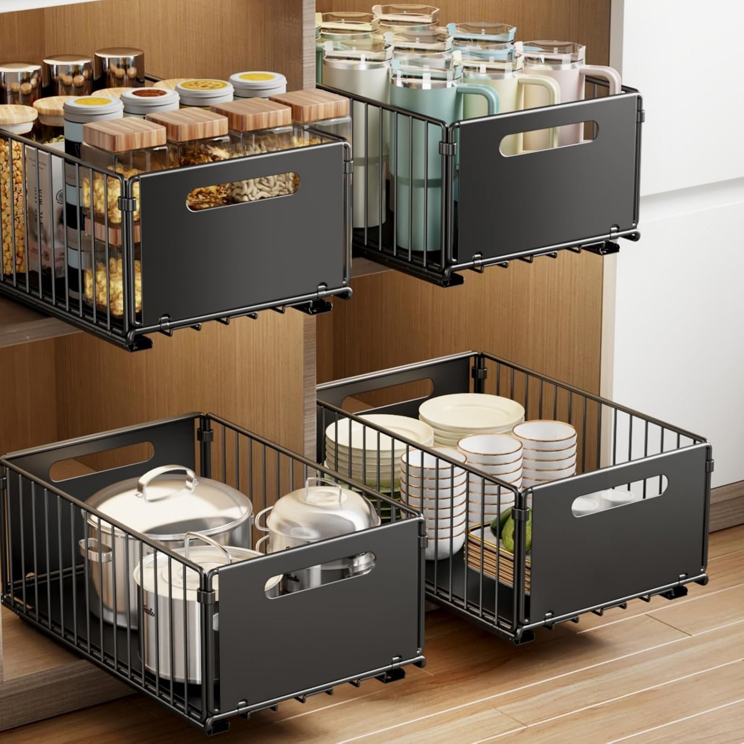 Mustorn 2 Pack Pull Out Cabinet Organizer, Slide Out Drawers for Cabinets, Peel and Stick, Heavy Duty Shelves for Kitchen, Cupboard, Pantry, Bathroom (14.76″ D*9.65″ W*7.87″ H-Black)