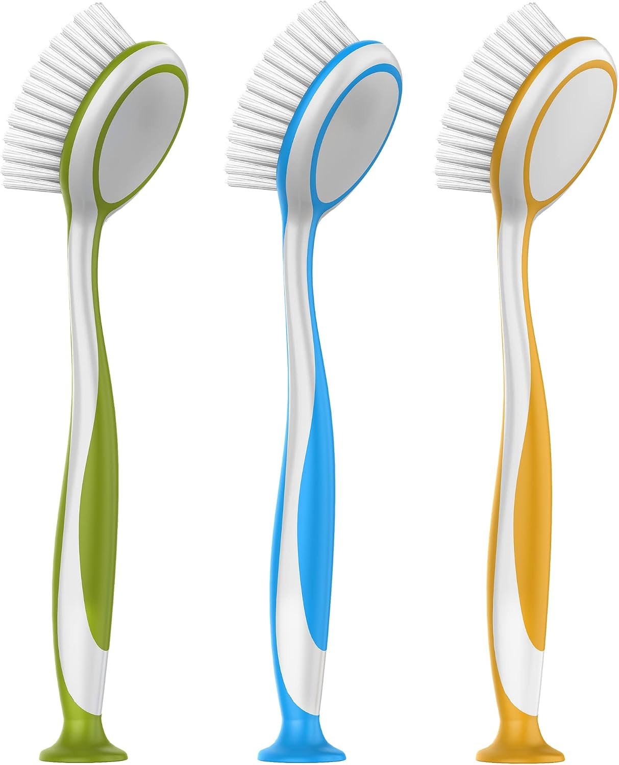 MR.SIGA Round Dish Brush with Suction Cup, Pack of 3 | Scrub brush for dishes, pans, pots, kitchen sink cleaning, dish brush with handle