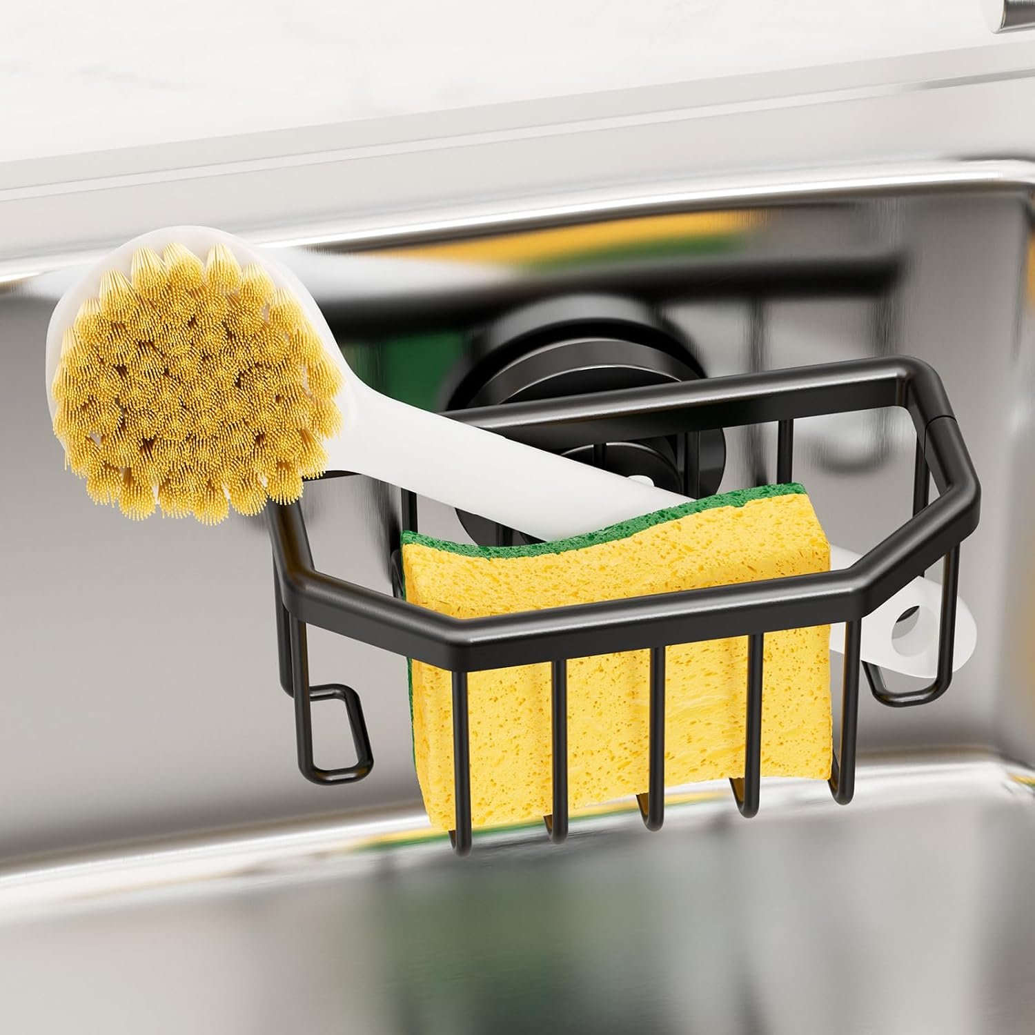 TAILI Sponge Holder with Strong Suction Cup, Dish Sponge Caddy Inside Sink Removable, Rustproof Aluminum for Sponges, Brushes, Stoppers and Scrapers – Black