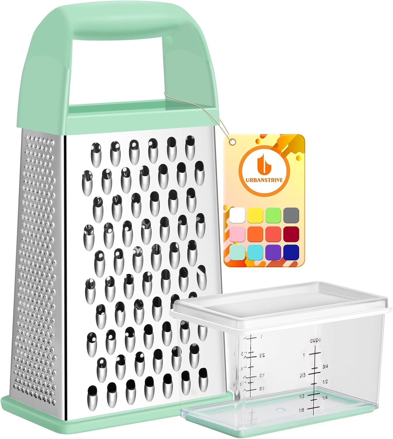 Urbanstrive Cheese Grater With Container, Professional Cheese Grater with Handle, Stainless Steel Graters for Kitchen Handheld, Box Grater with 4 Sides for Vegetables, Ginger, Potatoes (Mint Green)