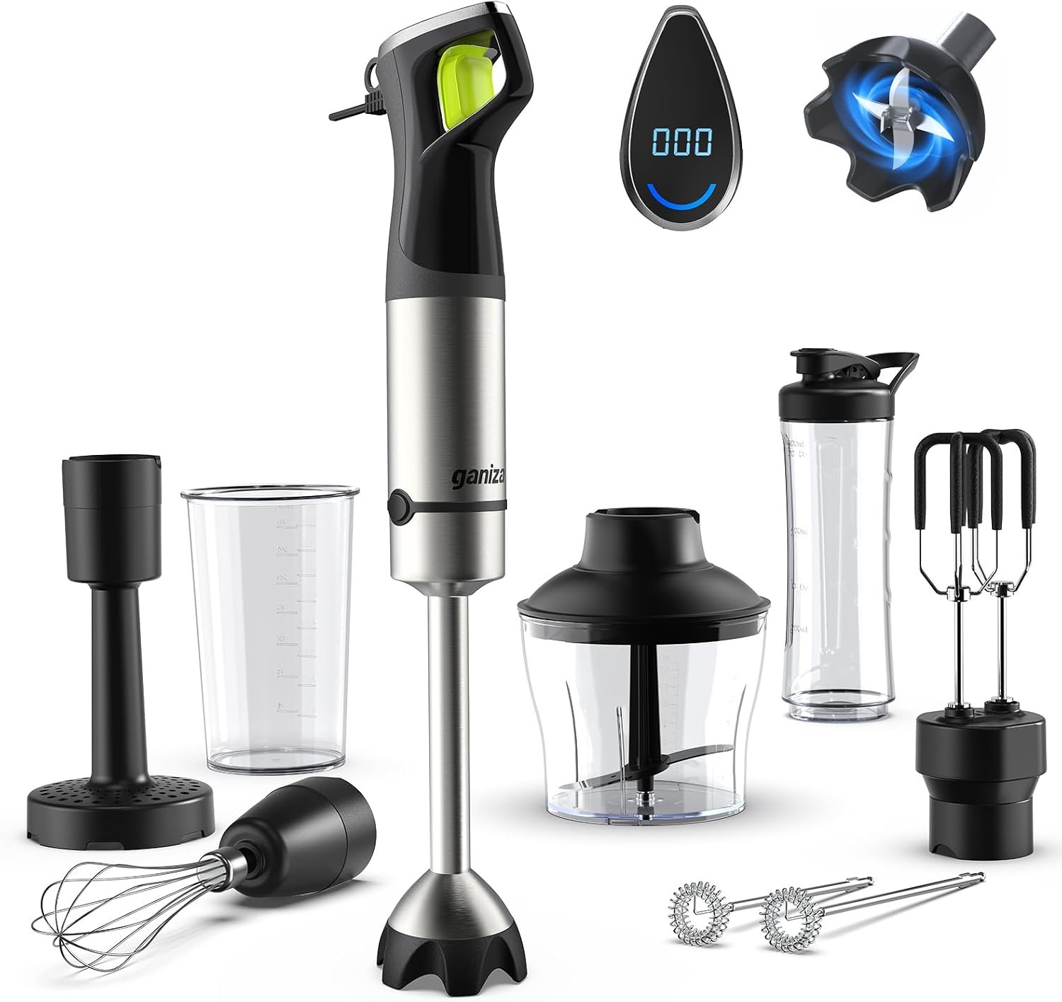 Ganiza Immersion Blender Handheld, Max 1200W Hand Blenders Immersion 9-in-1 | Time Display, Variable Speed Trigger, Corded Handheld Mixers with Chopper Whisk Frother Beaker Ideal for Soup Puree Smoothies