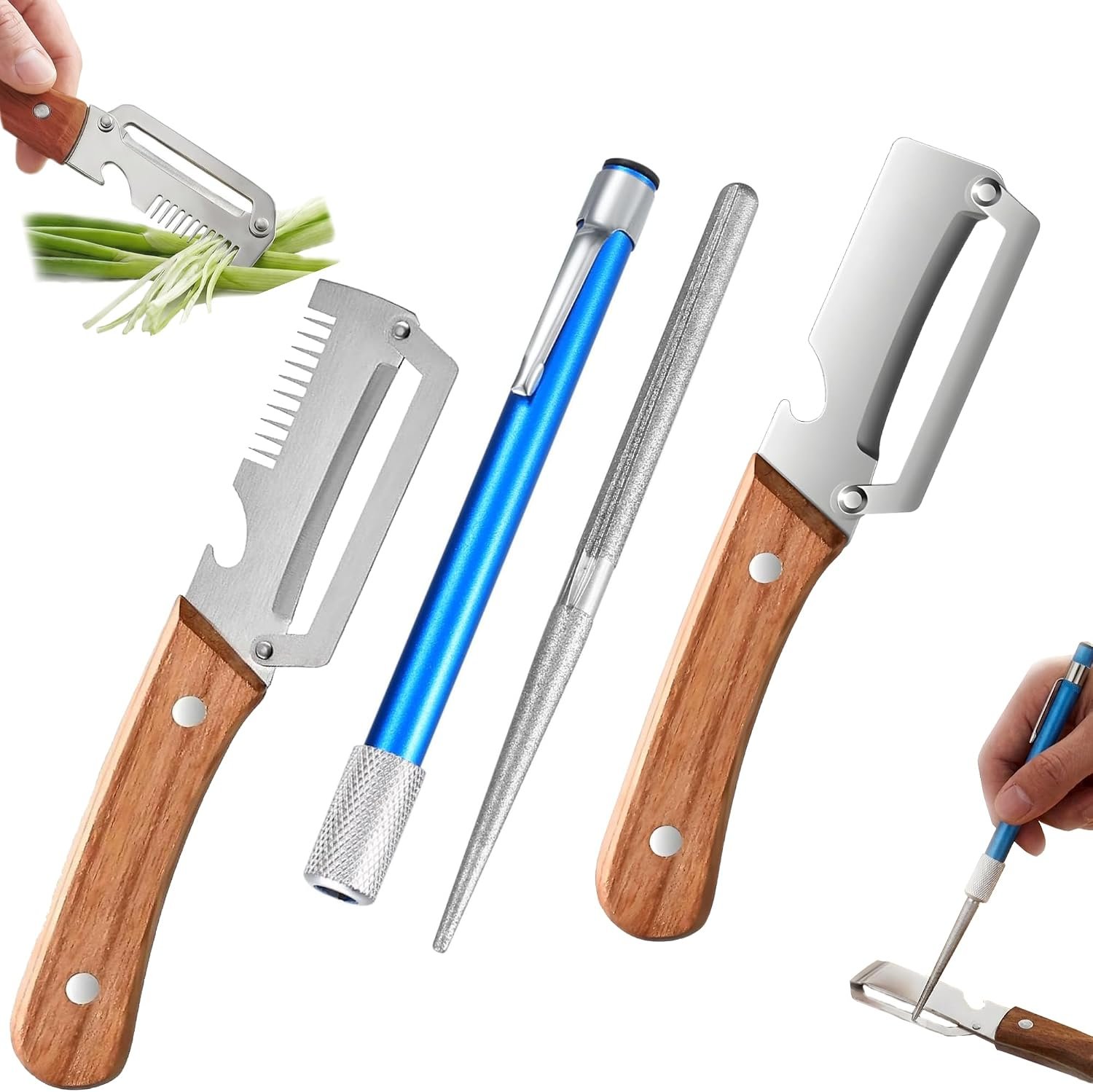 Multifunctional Vegetable Peeler 3 Piece Set Sharpening Rod Potato Peeler | Julienne Peeler, Bottle Opener, Wooden Handle Straight & Serrated Design, Peelers For Kitchen, Stainless Steel Blade