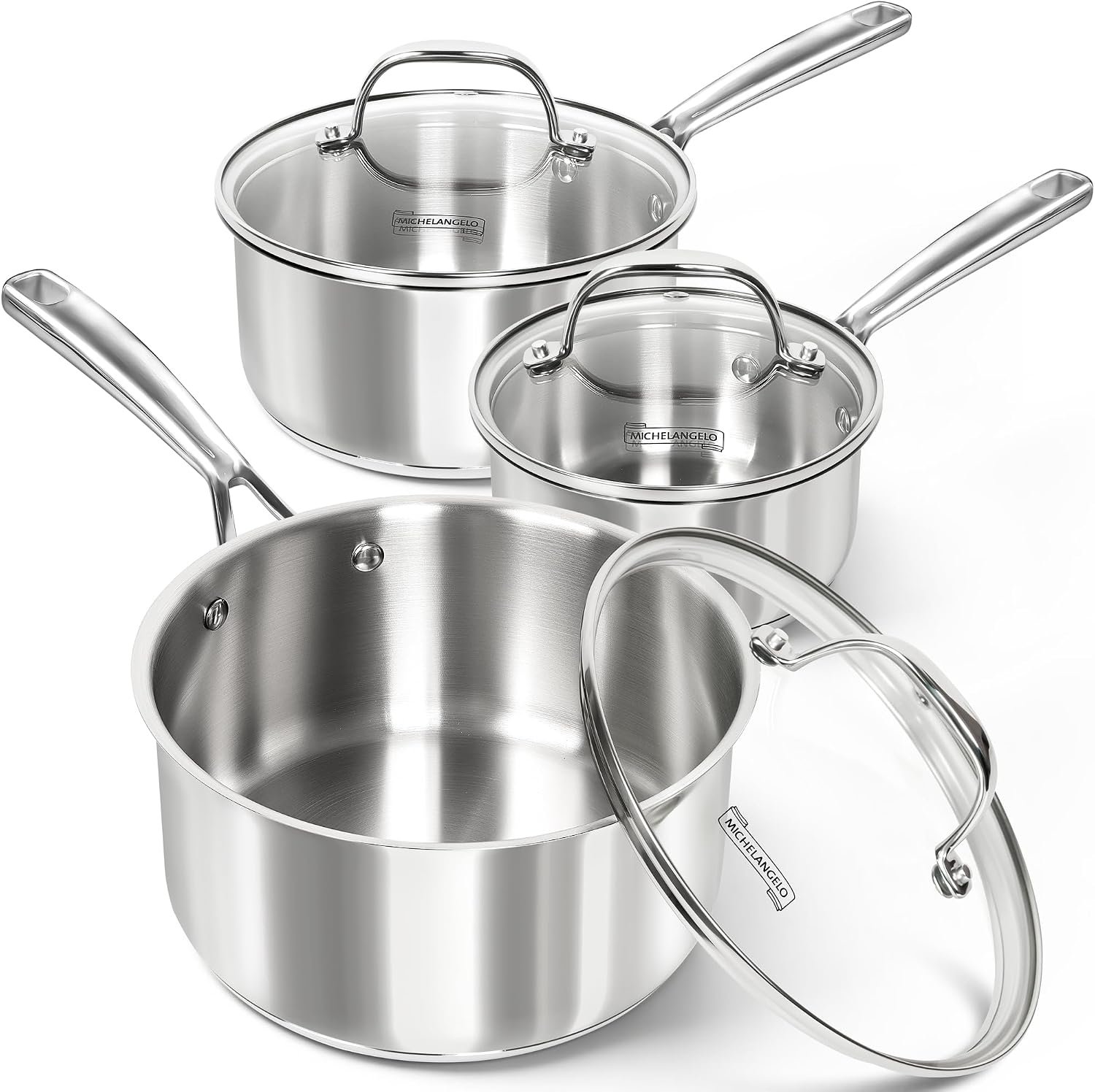 MICHELANGELO Stainless Steel Saucepan Set with Lid, Premium Triply Stainless Steel Sauce Pan with Cool Handle, Nonstick Sauce Pot Set for Kitchen Cooking, Induction Compatible, 1QT & 2QT & 3QT