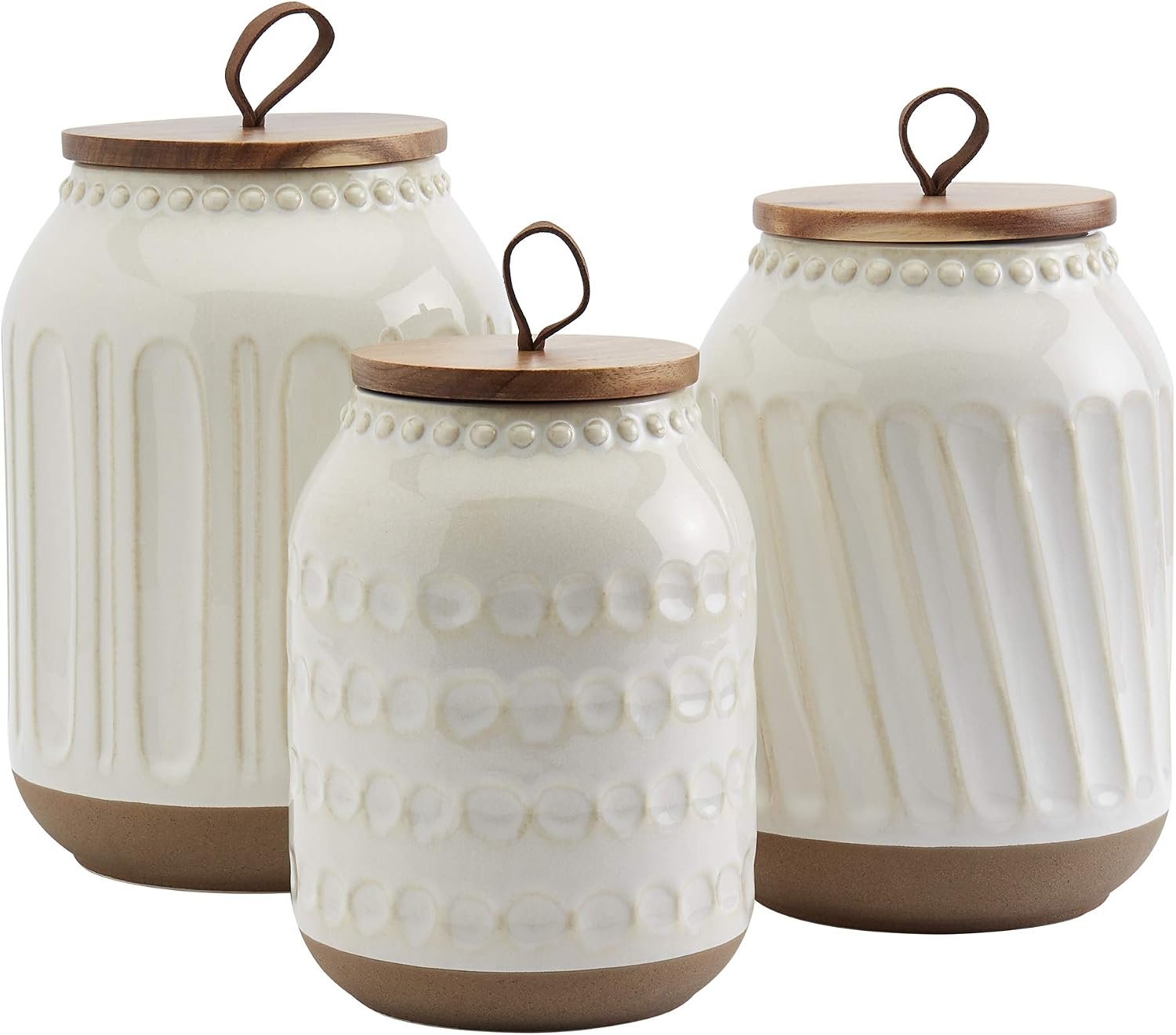 Tabletops Gallery Ceramic Canister Collection- Stoneware Designed Kitchen Storage Embossed Acacia Wood White Set, 3 Piece Embossed Ziggy White Canister Set