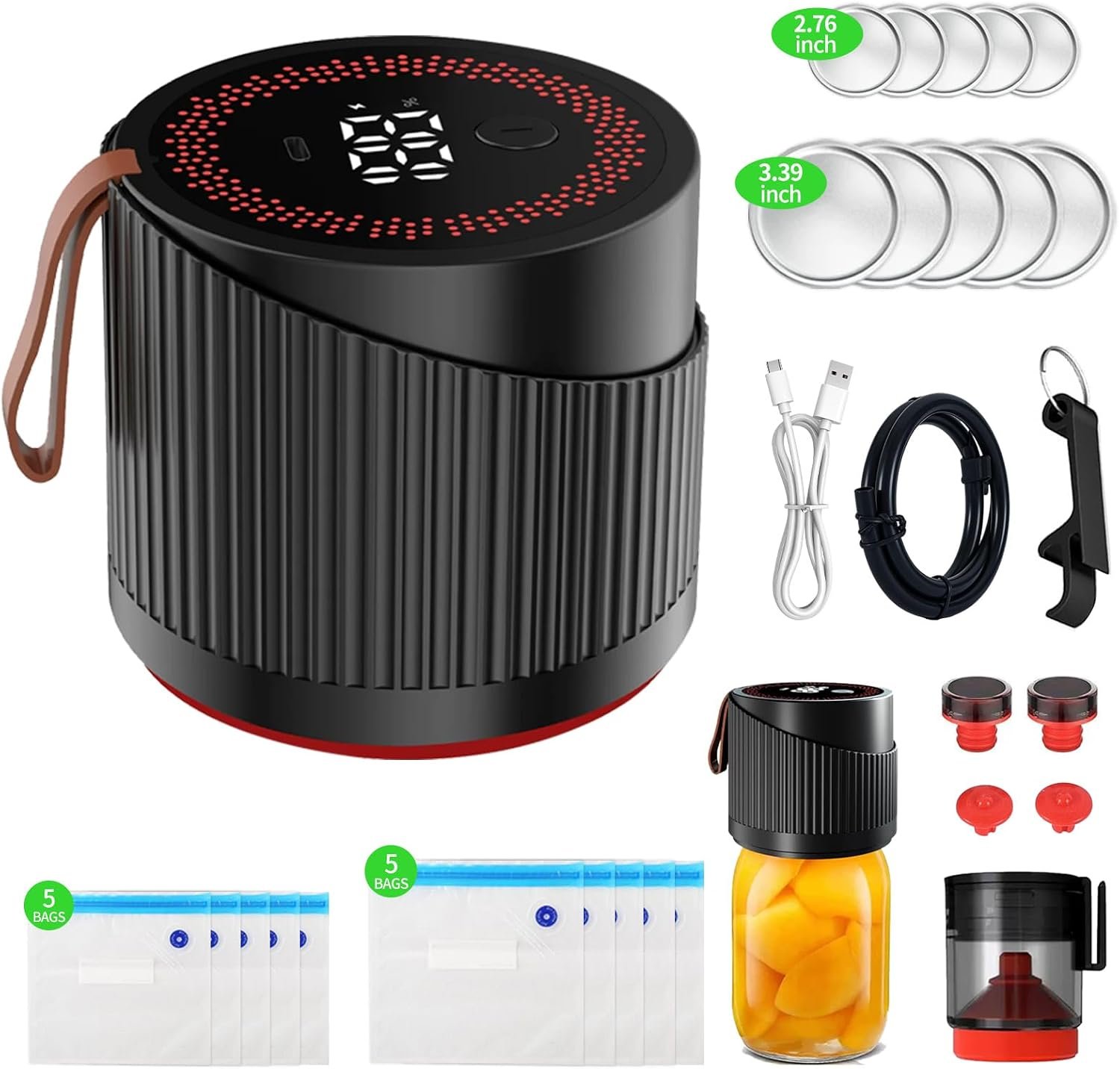 Electric Mason Jar Vacuum Sealer Kit for Wide and Regular Mouth Jars – Vacuum Sealer Machine with -80kpa Suction, Automatic One-Button Operation for Food Storage