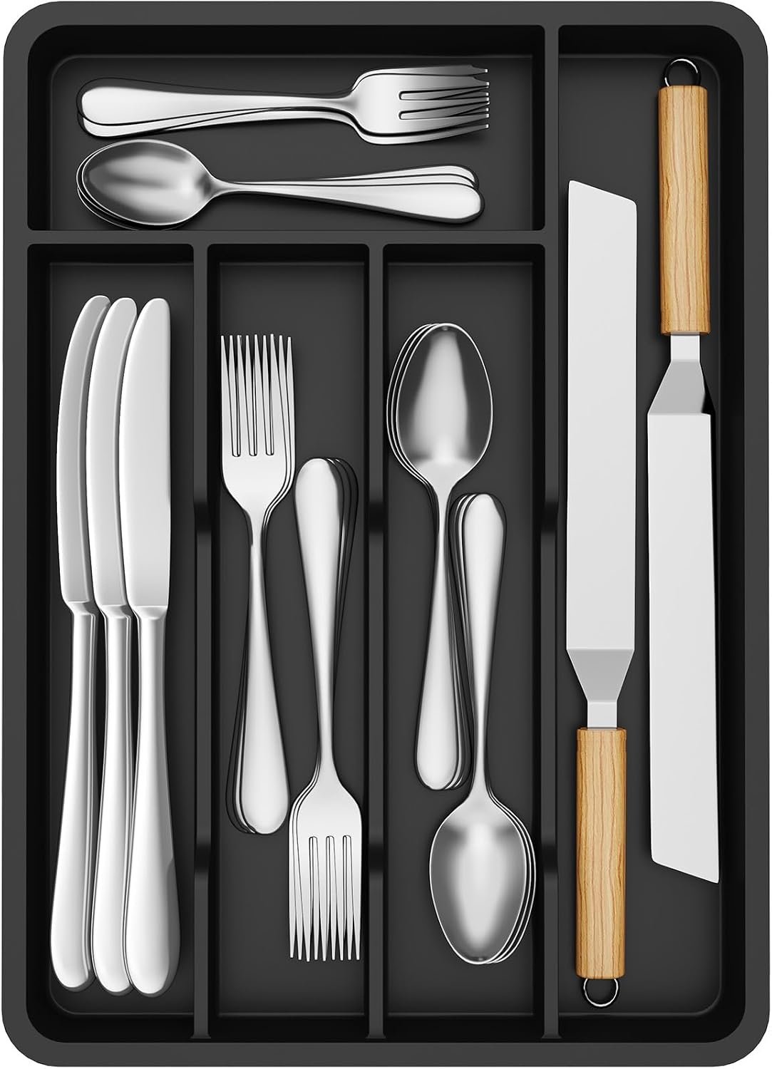Lifewit Silverware Drawer Organizer Tray, Plastic Cutlery Storage for Kitchen, Flatware and Utensil Holder Divider for Spoons Forks Knives Tableware, 9.5 x 13.4″, 5 Slots, Black