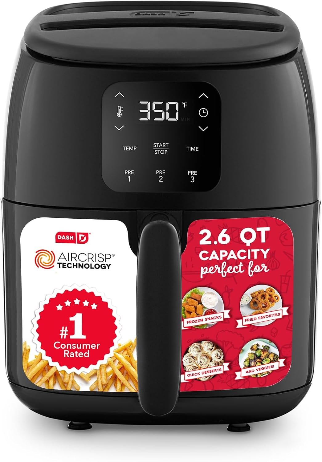 Dash Tasti-Crisp Digital Air Fryer, 2.6 Quart, Black | Small Compact Basket Style Air Fryer for One or Two People, Auto Shut Off, Adjustable Temperature, Dishwasher Safe Parts