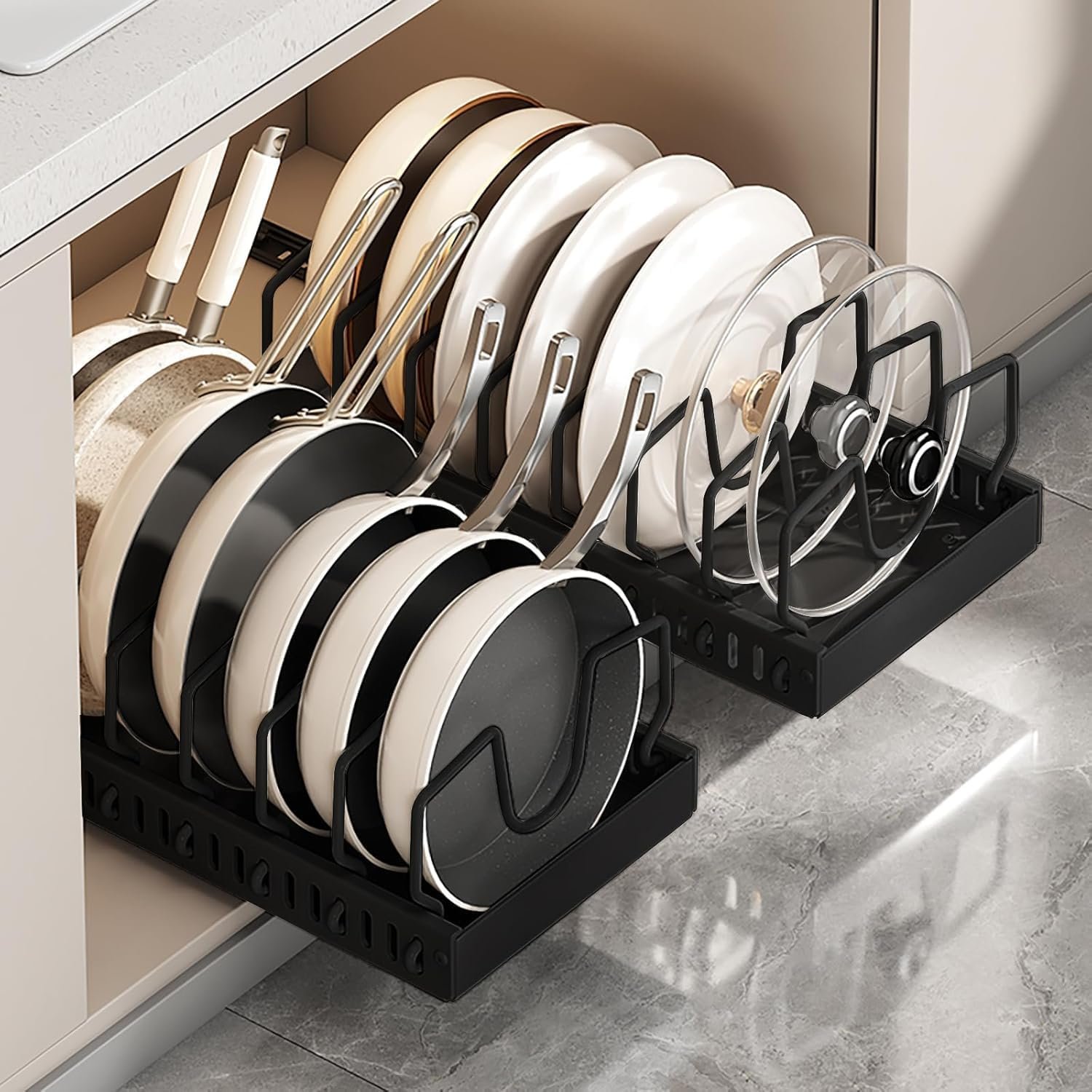 AmoiChic 2 Pack Pull Out Cabinet Organizer for Pots and Pans, Black Storage Rack with 8 Adjustable Dividers, Kitchen Cabinet Organizer for Pot Lids, Bakeware, Dishes Storage
