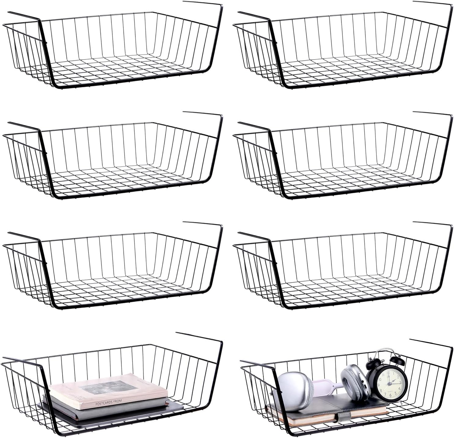 8 Pack Hanging Under Shelf Storage Basket, Steel Hanging Wire Rack Storage Baskets, Slide-in Baskets Organizer for Kitchen Cabinet Desk Organizer Storage, Space Saving, 16″D x 9″W x 5.9″H