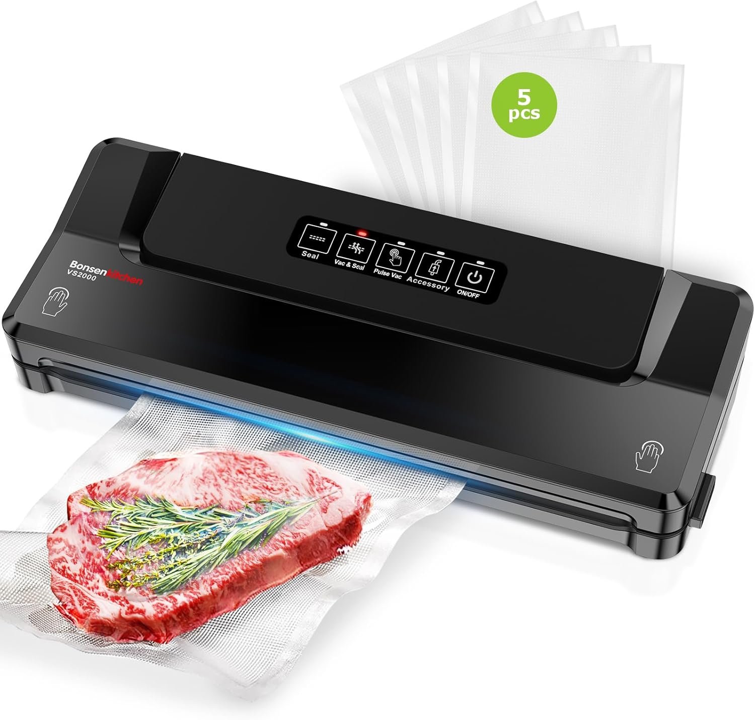 Bonsenkitchen Vacuum Sealer Machine With 5 Vacuum Bags,Black | Compact Food Sealer for Sous-Vide & Meal Prep,Multiple Modes,External Vacuum System,6x Longer Freshness