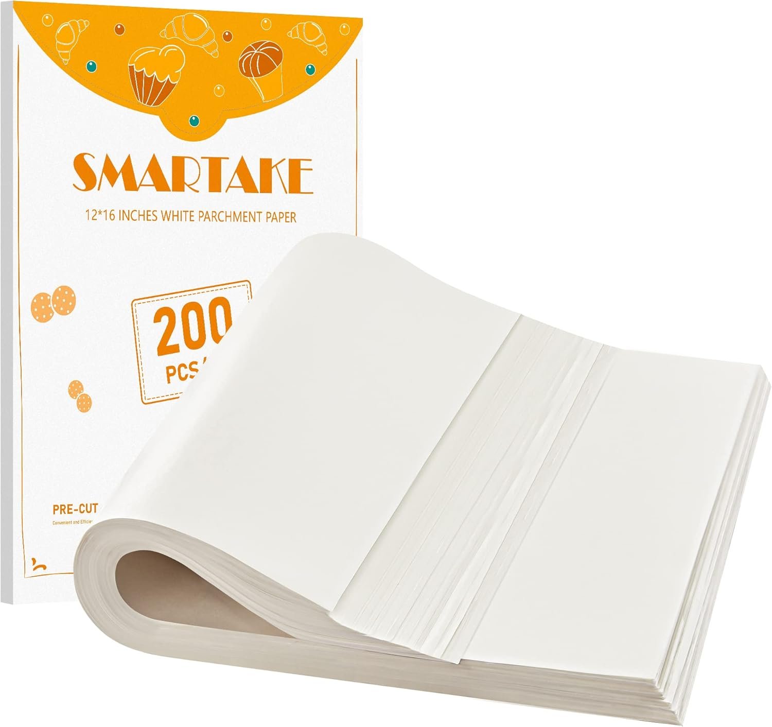 SMARTAKE 200 Pcs White Parchment Paper Sheets, 12×16 Inches, Non-Stick | Pre-Cut Greaseproof Baking Paper, Pure Wood Pulp, Oven Safe up to 450°F, for Cooking, Grilling, Frying, Steaming, Wrapping