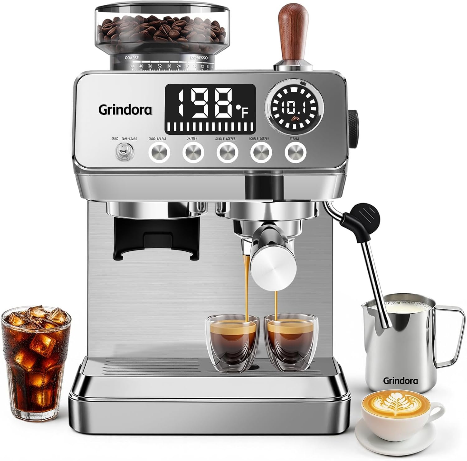 Espresso Machine with Built-in Grinder, 44 Grind Settings, PID Temp Control | 20 Bar Stainless Steel Coffee Maker, 0.1s Precision Timer, Milk Frothing Pitcher&Frother for Latte, Cappuccino, Americano
