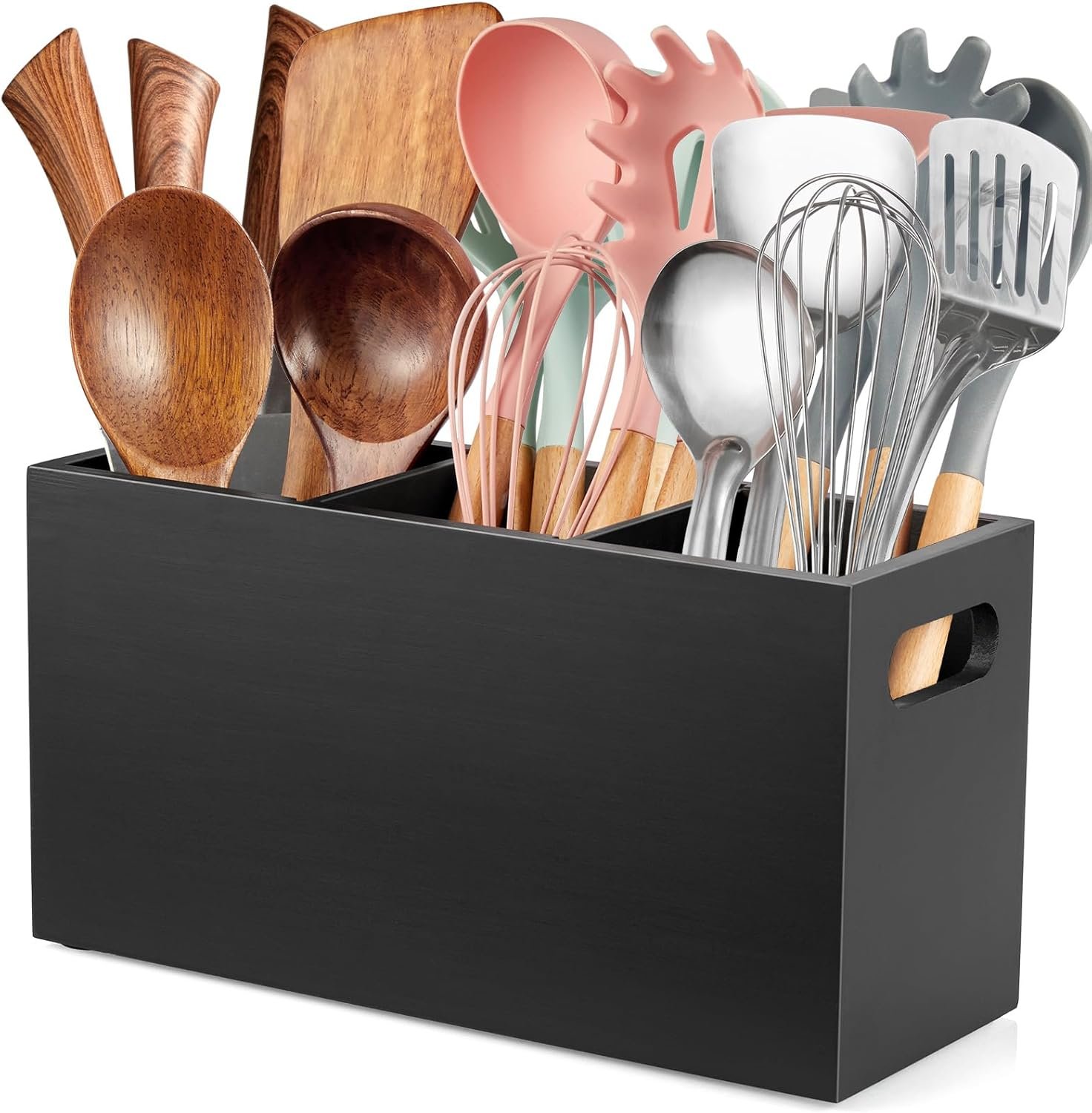 ALELION Black Kitchen Utensil Holder for Countertop – Wooden Large Utensil Caddy Organizer for Counter – 3 Compartment Cooking Utensil Crock for Silverware Spoon Spatula
