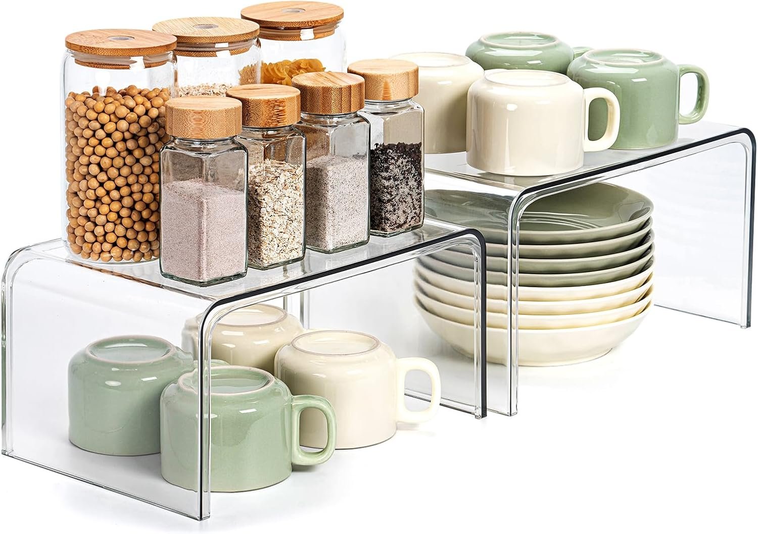 Bobomoment Clear Cabinet Organizer, Stackable Shelf Organizer Set of 2 | Kitchen Pantry Organizers and Storage, Display Cabinet Shelf Countertop Desk Shelves, Patented Spice Organization