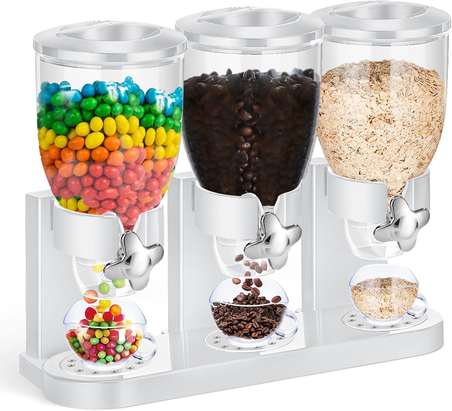 1 Pack Triple Cereal Dispenser 2L Each, Dry Food Dispenser for Countertop, Airtight Cereal Container for Storage, Kitchen Rice Candy Nuts Dog Food Granola Snack Gumball (White)