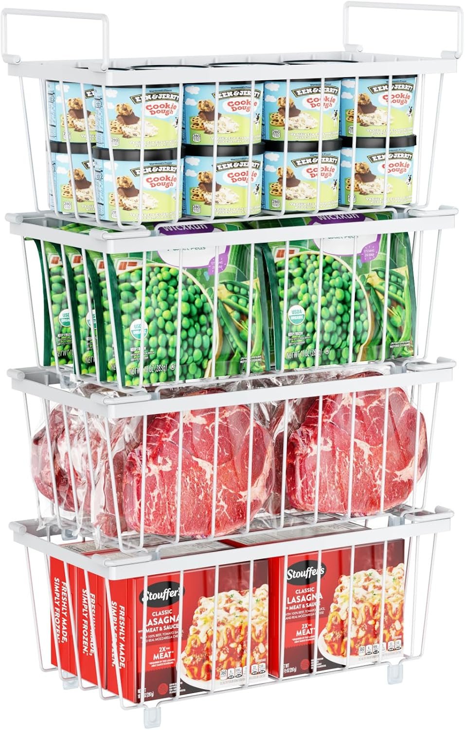 Freezer Organizer Bins – Storage Baskets for 5 to 7 Cu.Ft, 4 Pack | Easy Access Handles, Steel Wire Baskets, Vertical Storage for Frozen Food, Sorts Meat, Vegetables and Small Packages, Home