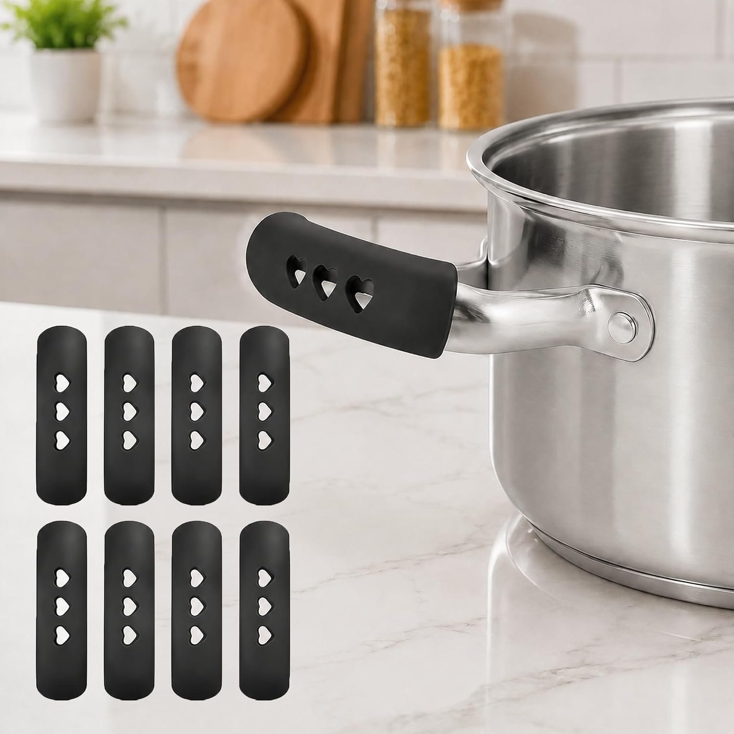 4 Pairs Silicone Pan Handle Covers Heat Resistant, Insulated Pot Handle Holders for Metal Frying Pans, Kitchen Cookware Safety Grips, Dishwasher Safe Pot Ear Protectors, 2.95 Inch(Black)