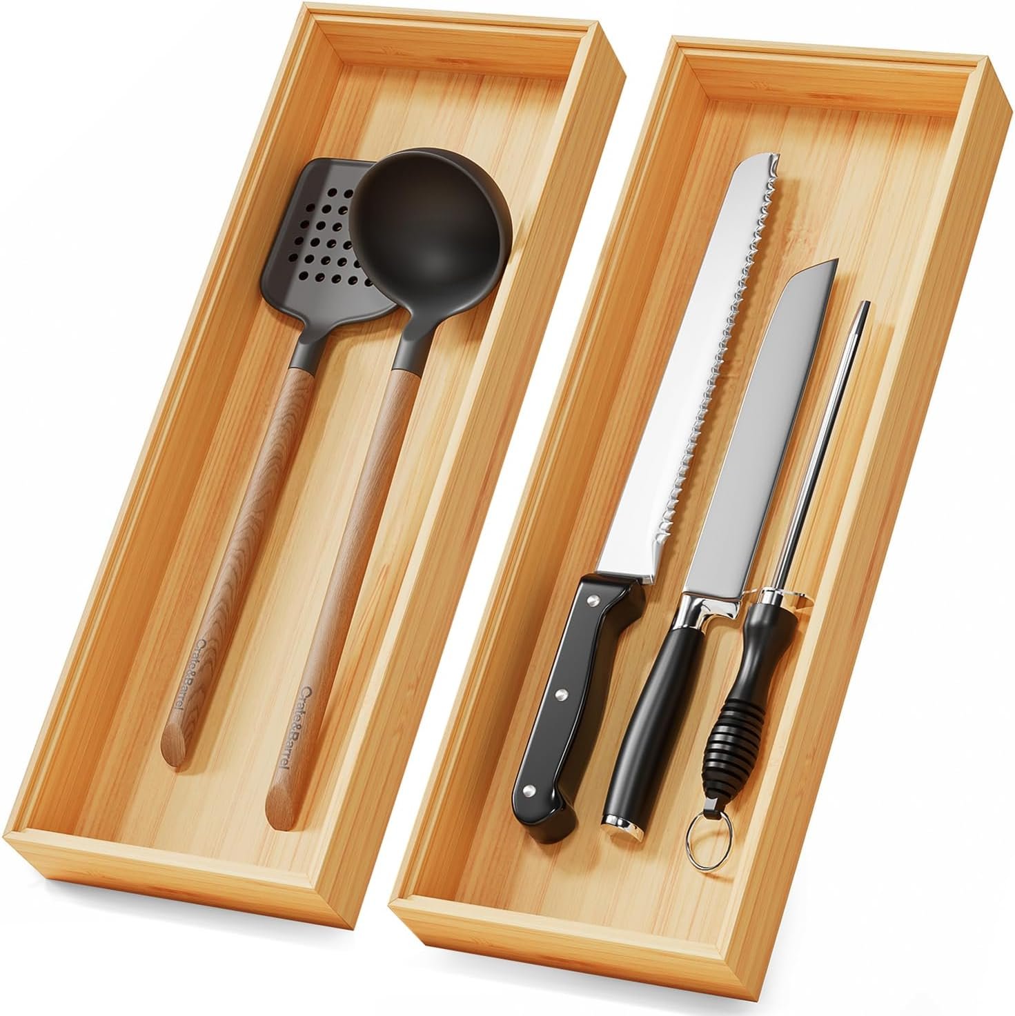 Long Bamboo Kitchen Drawer Organizer Boxes 17″ x 6″ Wood Pantry Organizers | Set of 2 Stackable Wooden Silverware Utensil Tray for Drawers Bins Cutlery & Flatware Storage for Junk Drawer Bathroom Rv
