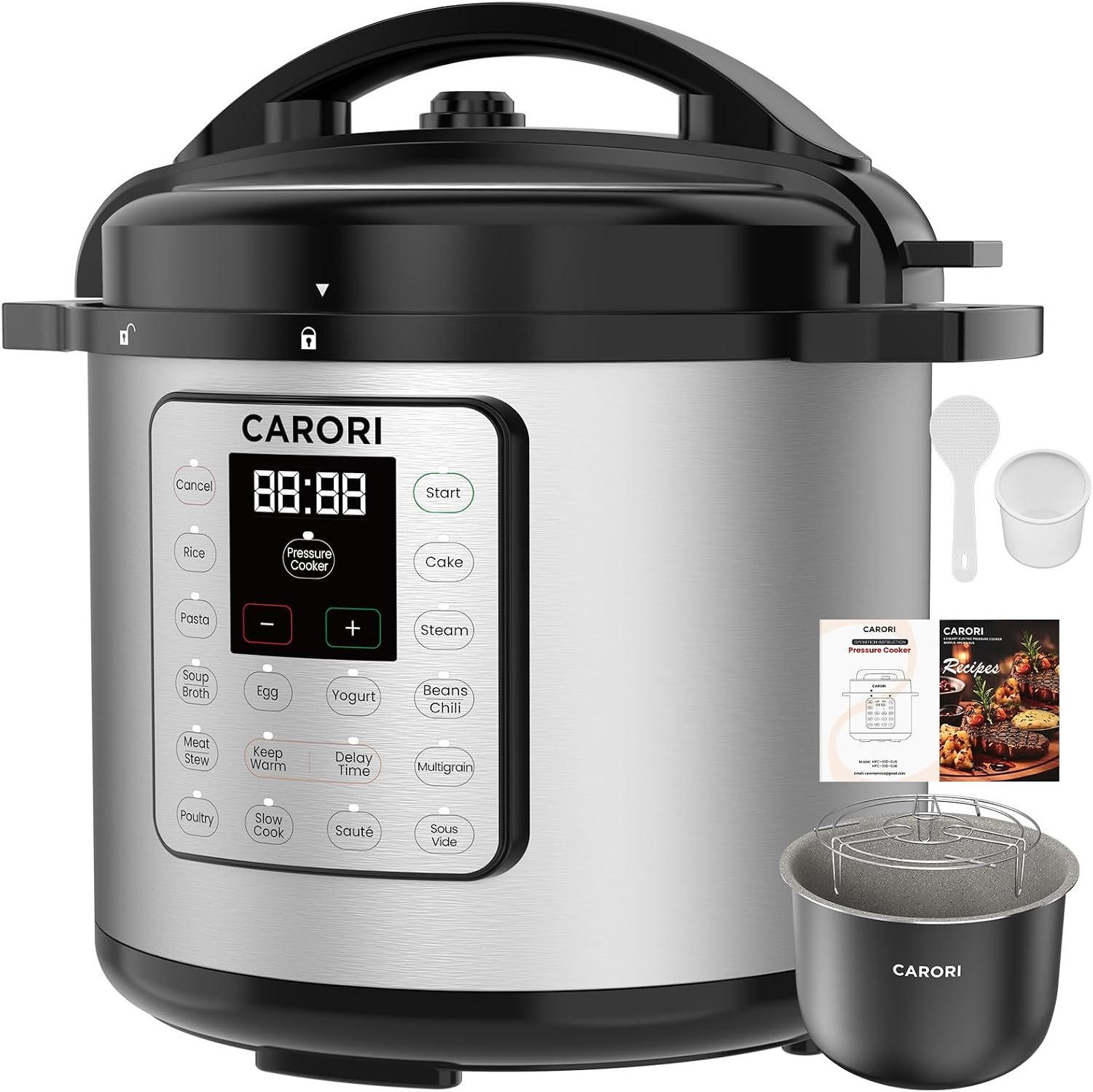 CARORI 8Qt 12-in-1 1200W Stainless Steel Pressure Cooker,Quick Meals, Time-Saving, Healthy, Convenient & Efficient – with Safer Venting & Recipe Book, Silver