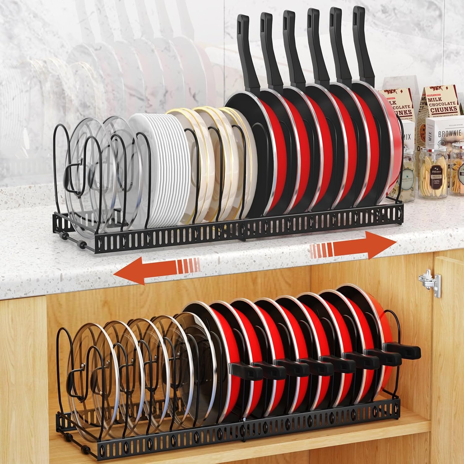 Housolution 2 Pack Pot and Pan Lid Organizer Holder Storage Rack, Black | 12″-23″ Expandable, 14 Adjustable Dividers, Sturdy Metal Construction, Easy Assembly