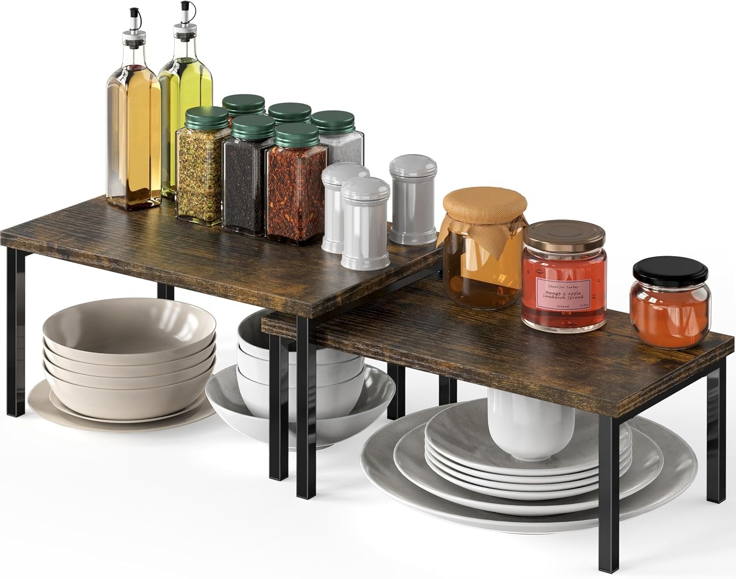 Simple Houseware Stackable Cabinet Counter Shelf Wooden Top, Rustic Brown | Expandable Organizer 7.6″ D x 11.75″ W x 6.1″ H