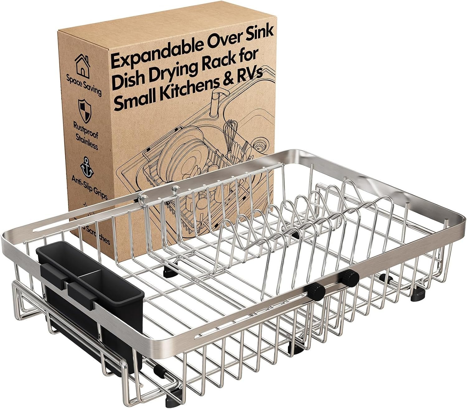 MAJALiS Dish Drying Rack Over The Sink with Utensil Holder | Expandable Stainless Steel Dish Drainer for Small Kitchen, Apartment, RV, Counter Space Saving, Perfect Fit, Rustproof