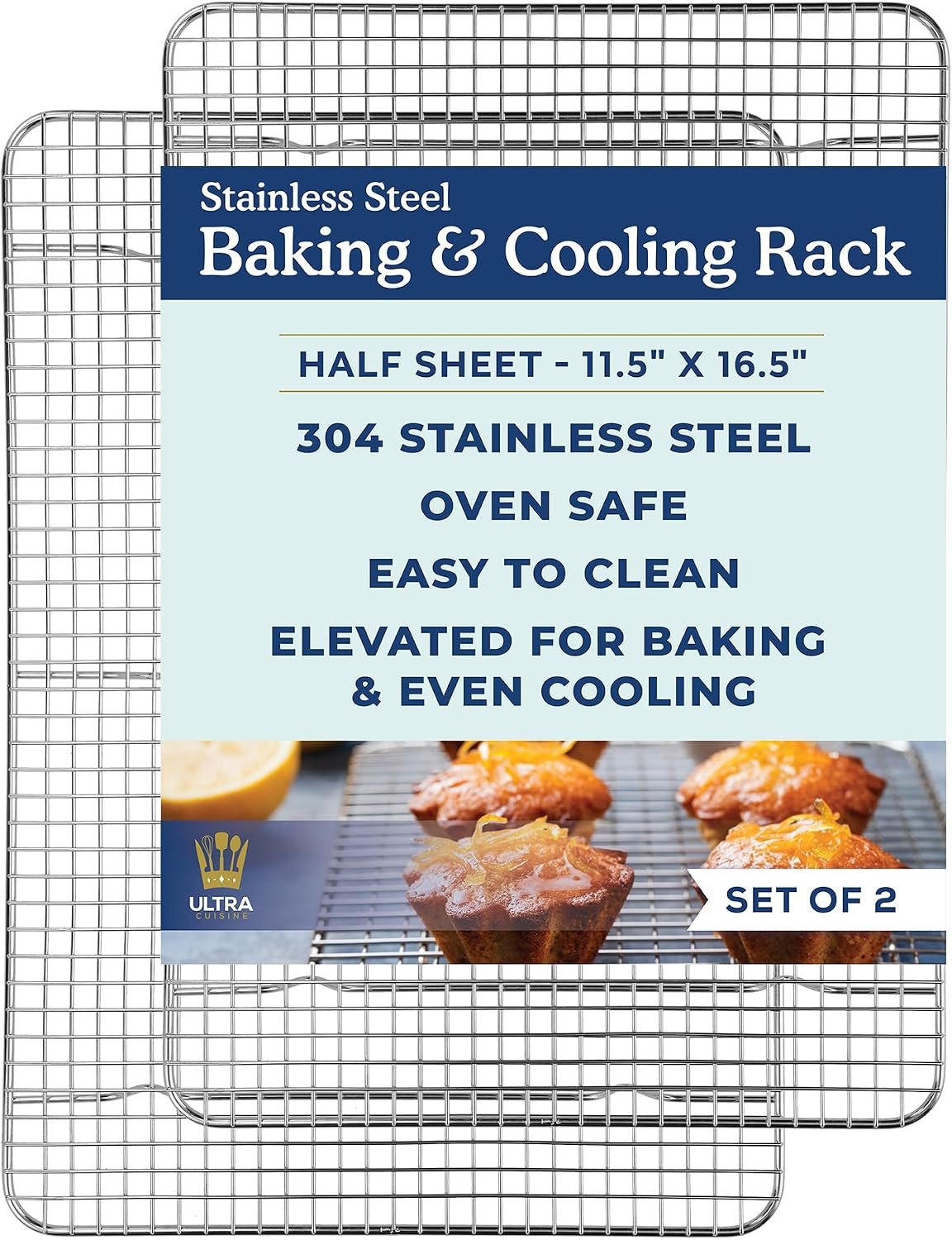 Cooling and Baking Rack Set – Cooling Racks -11.5” x16.5” | 100% Stainless Steel, Oven-Safe, Dishwasher-Safe, Heavy Duty Tight-Wire, Set of 2, Half Sheet Pan Cooling Racks, Easy Clean