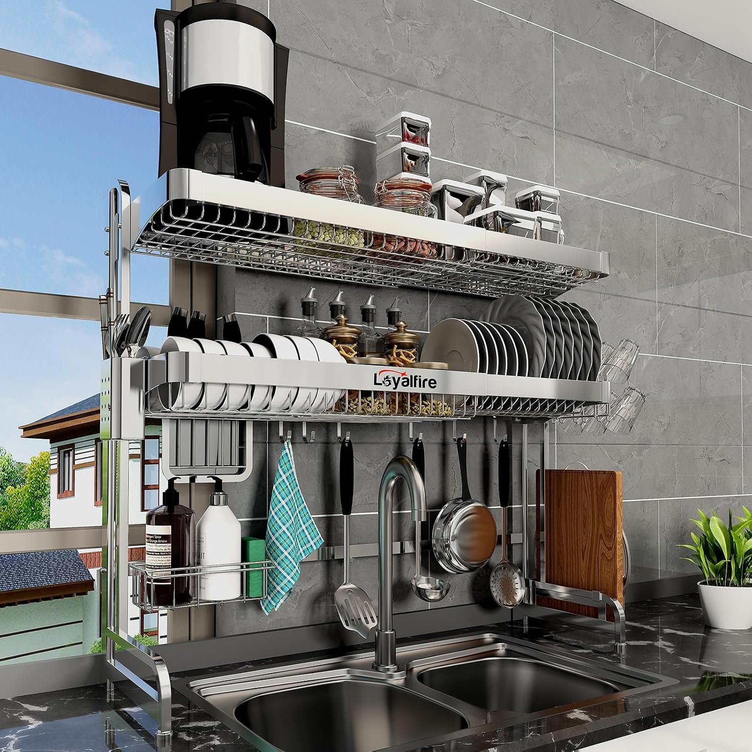 Loyalfire Over Sink Dish Drying Rack, 3 Tier Adjustable Length (20.87” to 37.6”) Full Stainless Steel Large Storage Kitchen Dish Rack, Expandable Drainer Shelf Rack with Multifunctional Organizers