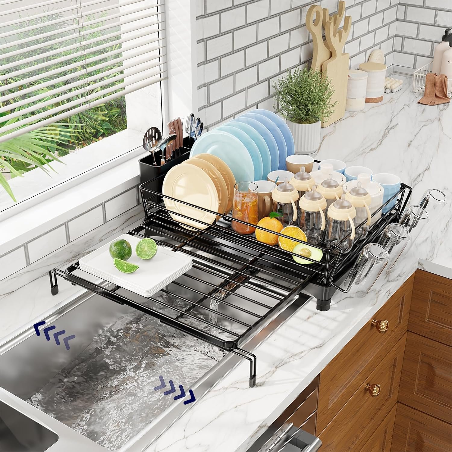 Simple Trending Dish Drying Rack – Expandable Dish Rack for Kitchen Counter, Large Capacity Dish Drainer, Stainless Steel Dish Strainer with Utensil & Cup Holders, Black