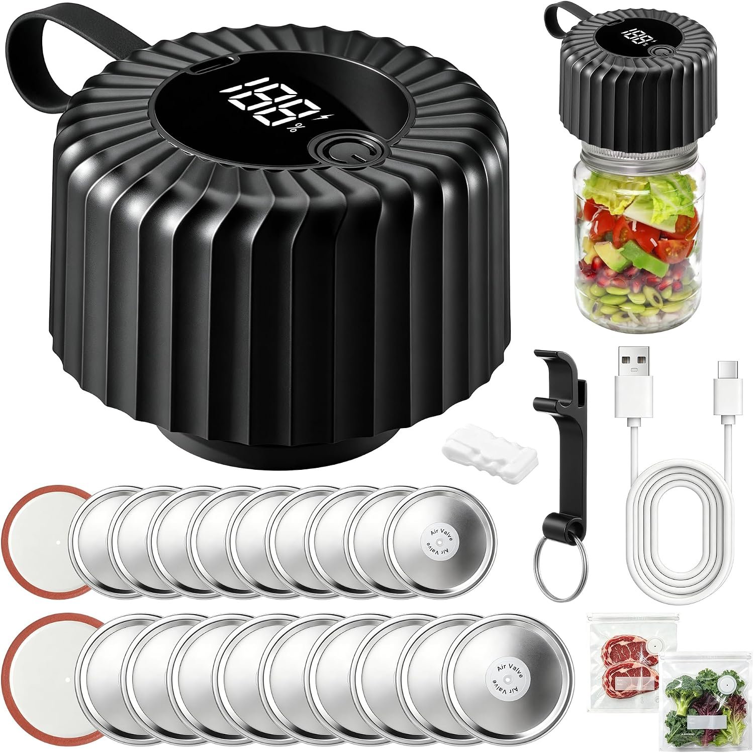 2026 Upgraded Electric Mason Jar Vacuum Sealer Kit, One Touch Electric Vacuum Sealer for Wide and Regular Mouth Mason Jars, Portable Vacuum Sealing Machine for Canning Jars Food Storage, Black