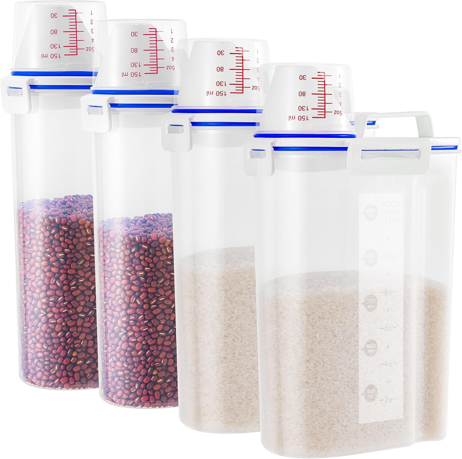 4 Pcs Set Rice Storage Container 5.5lb, Rice Dispenser with Measuring Cup & Pour Spout for Flour Pasta Grain Pet Dog Cat Bird Food Storage Container