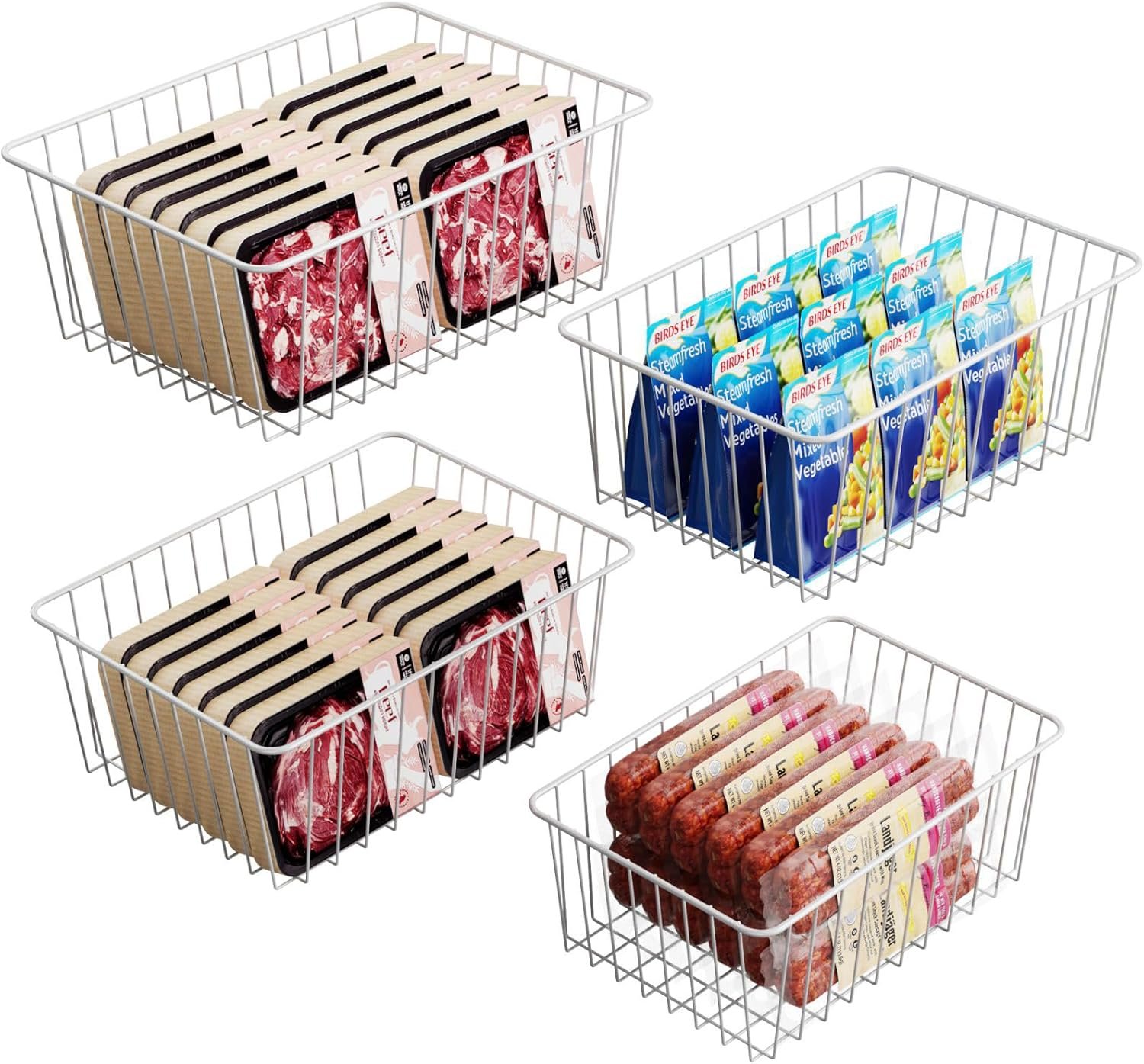 Freezer Organizer Bins – For 16/17/21 Cu Ft Upright Freezer, 4 Pack | Wire Baskets 2 Large & 2 Medium Sizes, Slide-Out for Easy Access, Prevent Food Falling Out, Keep Stand-Up Freezer Tidy, White