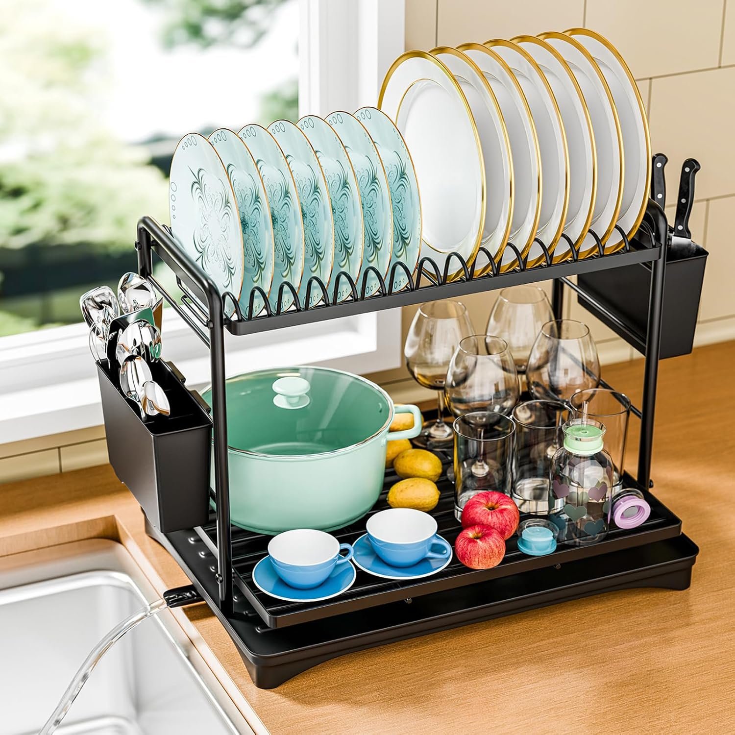 Simple Trending Dish Rack, Dish Drying Rack 2 Tier, Stainless Steel Dish Drainers with Utensil Holder and Drainboard for Kitchen Sink Organizers, 12″ w x 16.6″ L, Black