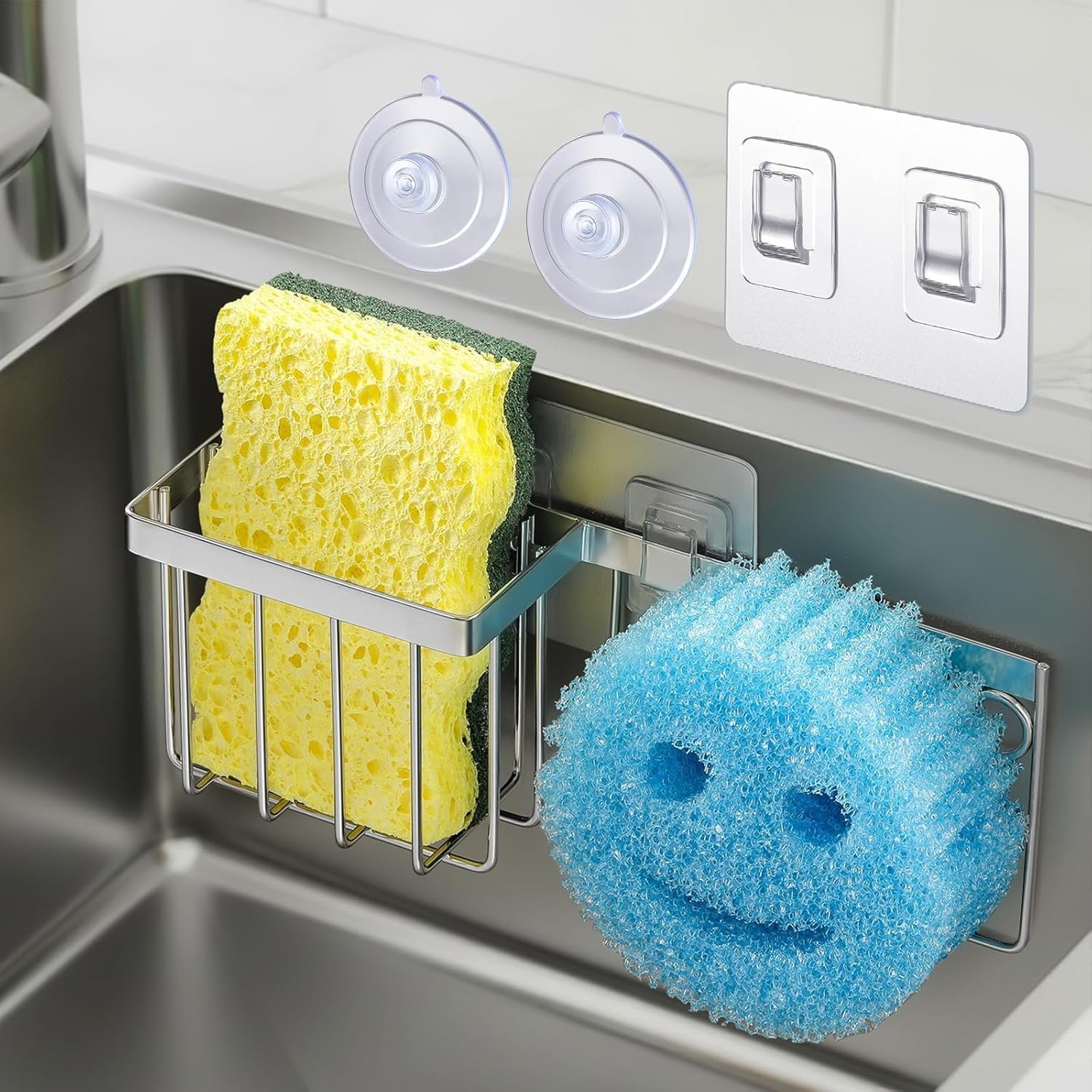[Space Saving] Sponge Holder for Kitchen Sink, Great for Scrub Daddy / Scrub Mommy Sponges, Rust-proof Sink Sponge Caddy Organizer for Dish Brush, Scrubber – 2 Mounting Options (Suction Cups & Hooks)