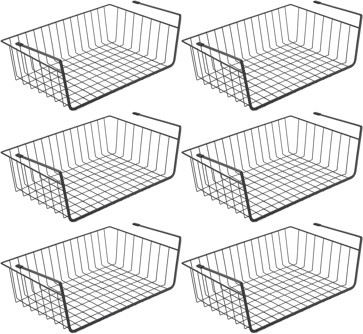 Under Shelf Basket, 6PCS Hanging Storage Basket for Pantry Cupboard Laundry Room Slide-in Baskets Organizer for Kitchen Counter Desk Bookshelf, Space Saving, Easy to Install, Black