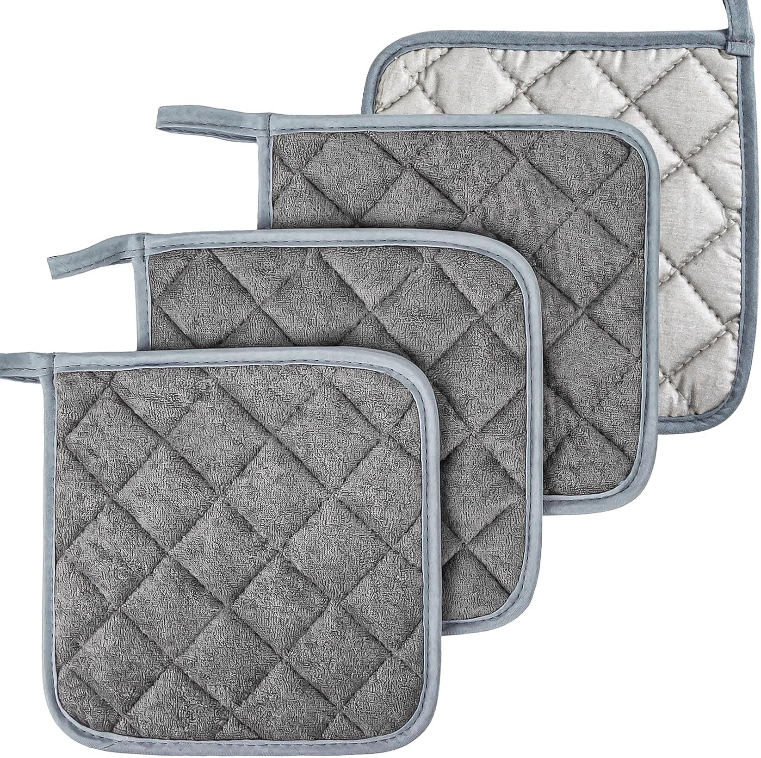 MAQIHAN Pot Holders for Kitchen – 4 PCS Cotton Hot Pads for Kitchen Gray | Cotton Potholders Set, Heat Resistant Terry Cloth 7 Inch, Oven Pads, Cooking, Baking Pans, Dining Table & Countertops