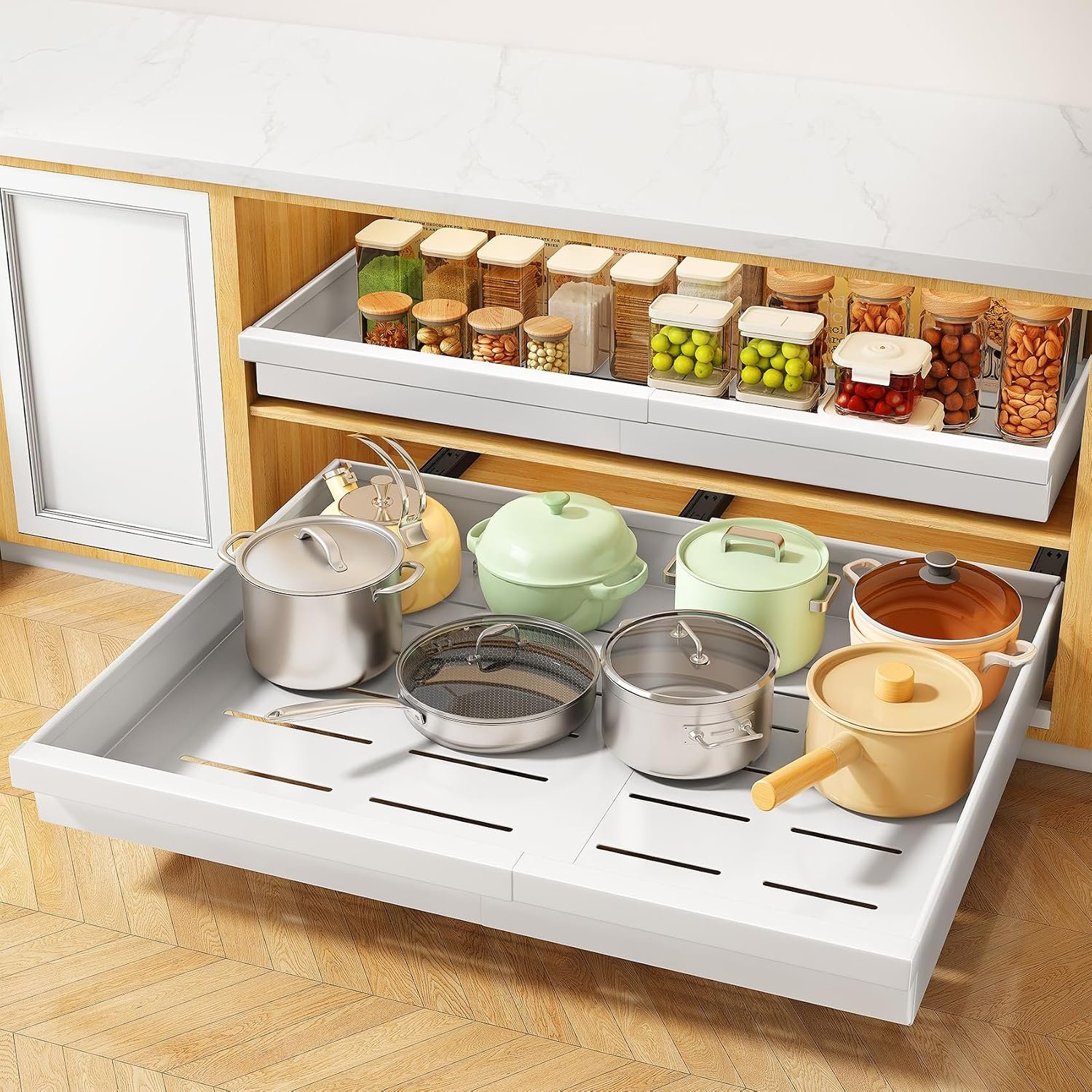 Pull out Cabinet Organizer, 2-Pack Expandable(13.6″-24″) Silde out Drawers with Raising Pad for Framed Cabinets, Adjustable Full-Extension Adhesive Roll out Shelves for Kitchen Pantry Home Pot and Pan