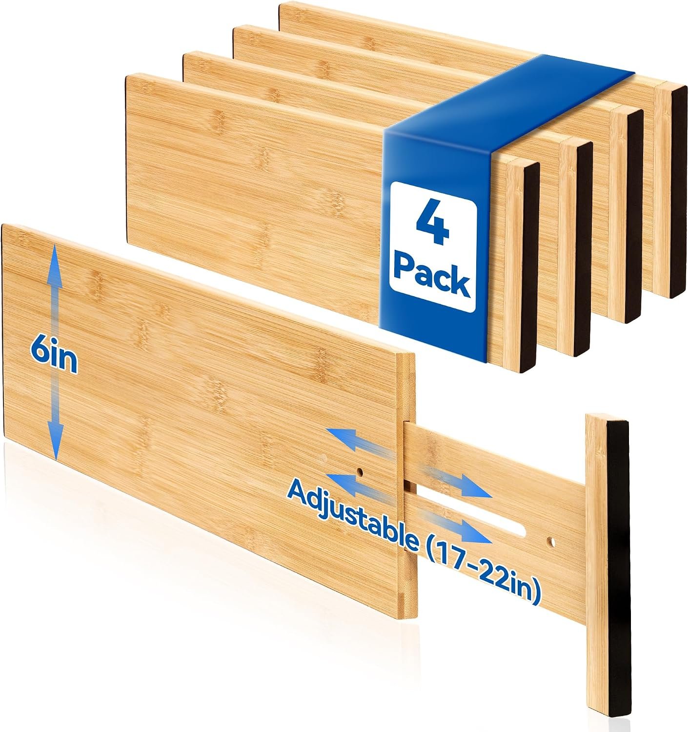 4 Pack Deep Drawer Dividers, 6″ High Bamboo Expandable Drawer Organizers, 17-22″ Adjustable Tension Separators, Large Drawer Dividers for Kitchen, Bedroom Dresser, Baby Nursery & Bathroom