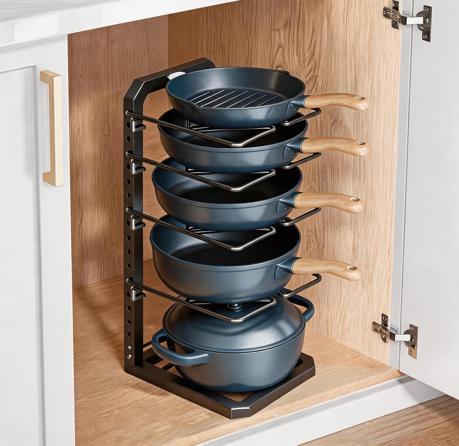Pots and Pans Organizer under Cabinet, 5 Adjustable Tiers Heavy-Duty Pan Pot Organizer with 16.5″ Height, Holds 55 LB – Cast Iron Skillets, Griddles, Shallow Cookware