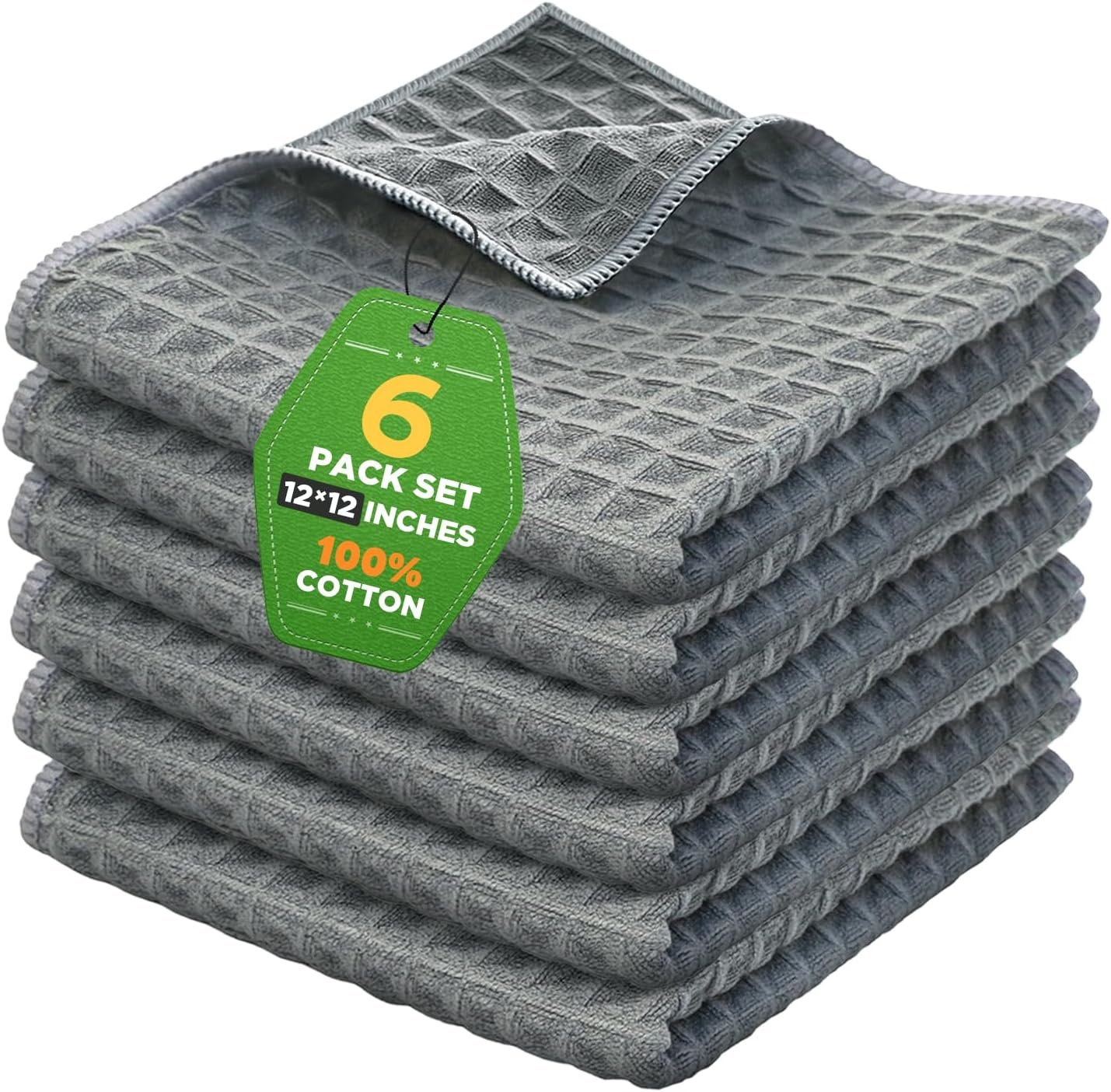 Kitchen Towels 6-Pack Cotton Waffle Weave Dish Cloths 12 x 12 Cleaning Rags | Quick Drying