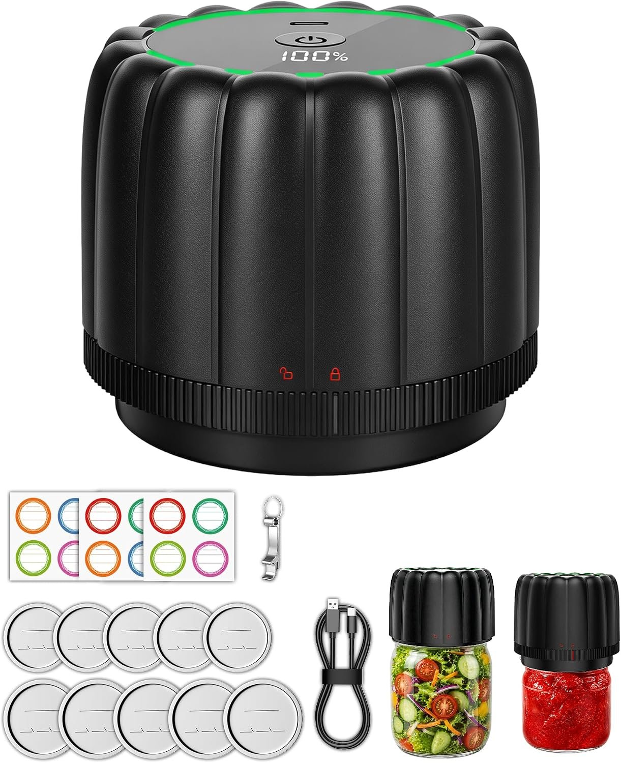 Electric Mason Jar Vacuum Sealer, 85kPa Auto-Stop Kit for Kitchen | Fits Regular Wide Mouth Jars, Portable Canning Jar Vacuum Sealer with 10 Lids and Labels for Coffee Dry Goods Leftovers