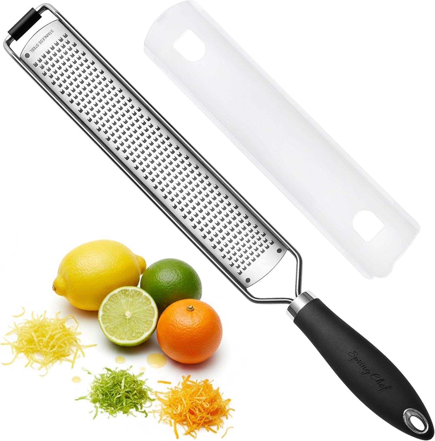 Spring Chef Stainless Steel Lemon Zester – Garlic & Ginger Grater – Black | Premium Zester with Rustproof Blade, Cheese Grater with Handle for Parmesan, Nutmeg, Lime – Durable Citrus Zester, Fine Shred
