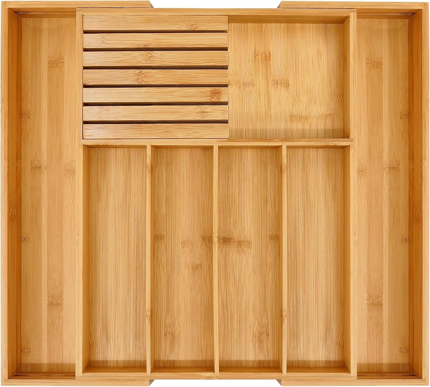 VaeFae Bamboo Silverware Drawer Organizer, 7 Slots, Natural | Expandable Cutlery and Utensil Holder for Silverware, Removable Knife Dividers, 43 cm D x 32-55 cm W, 5-7 Slots, Natural