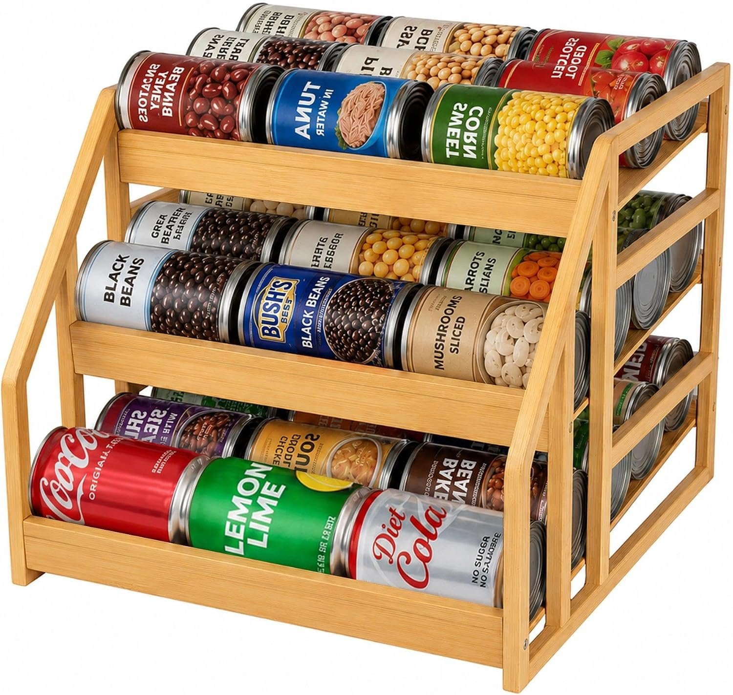 MinBoo 3-Tier Bamboo Can Organizer for Pantry – Holds 36 Cans (9/12/15) – Stackable Canned Food Dispenser with Adjustable Dividers – Gravity-Fed Rolling Storage Rack for Kitchen Cabinets
